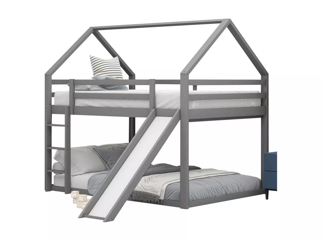 Lit superposé cabane avec toboggan - 140x200cm - Pin massif + MDF - lit pour enfants - Blanc