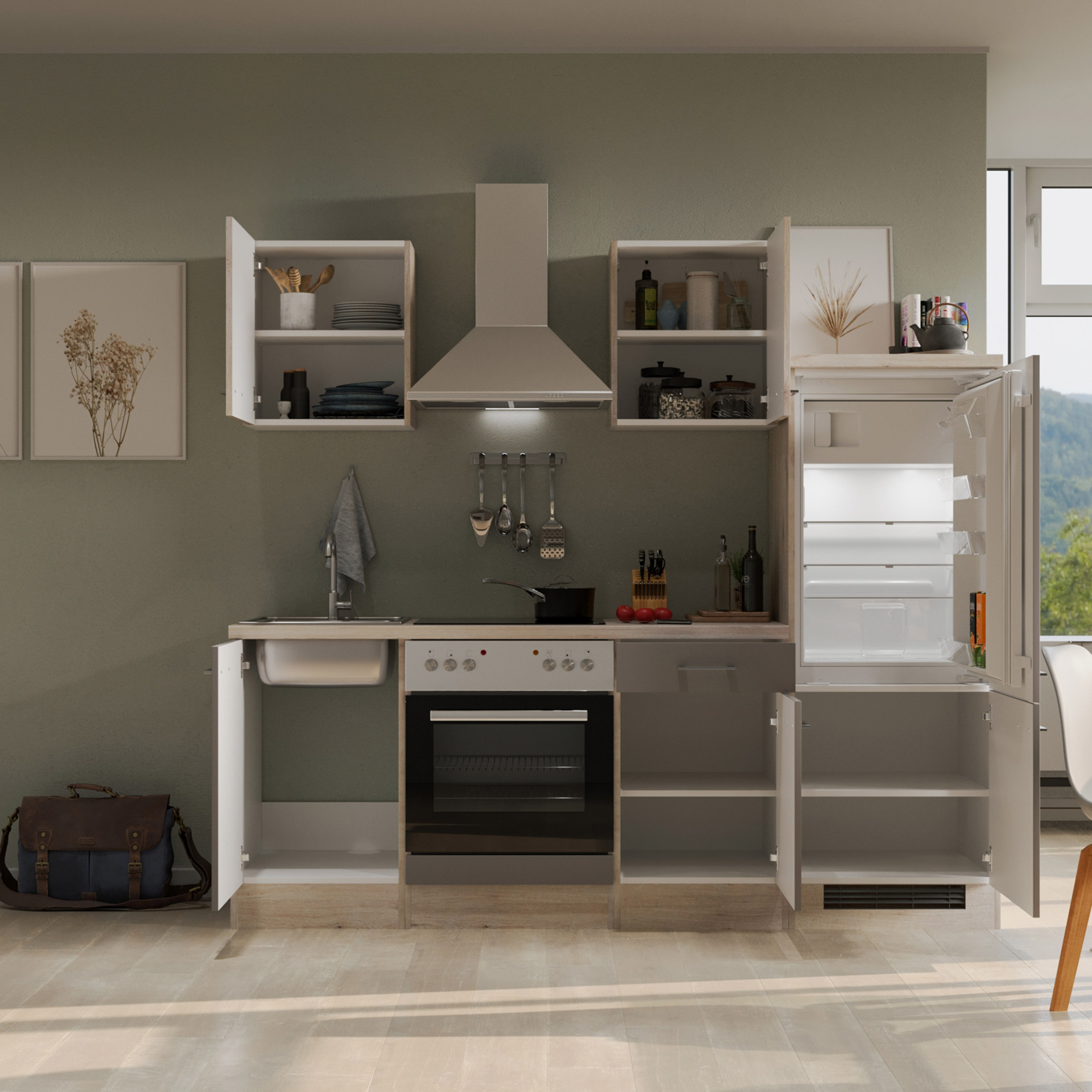 Küchenblock RIVA - Quarz Cubanit - San Remo Eiche hell - mit E-Geräten - 220 cm