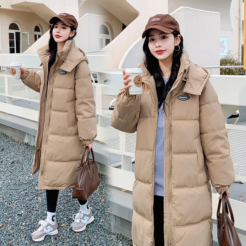 Sienne - Lettering Hooded Midi Zip Puffer Jacket