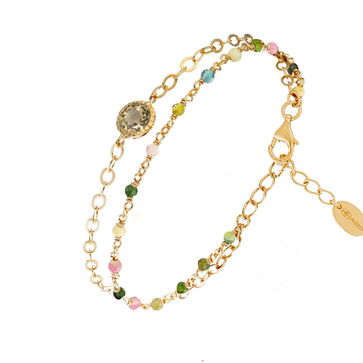 Bracelet En Argent Doré Double Chaine Pierres Naturelles Tourmaline Médaillon Quartz Fumé