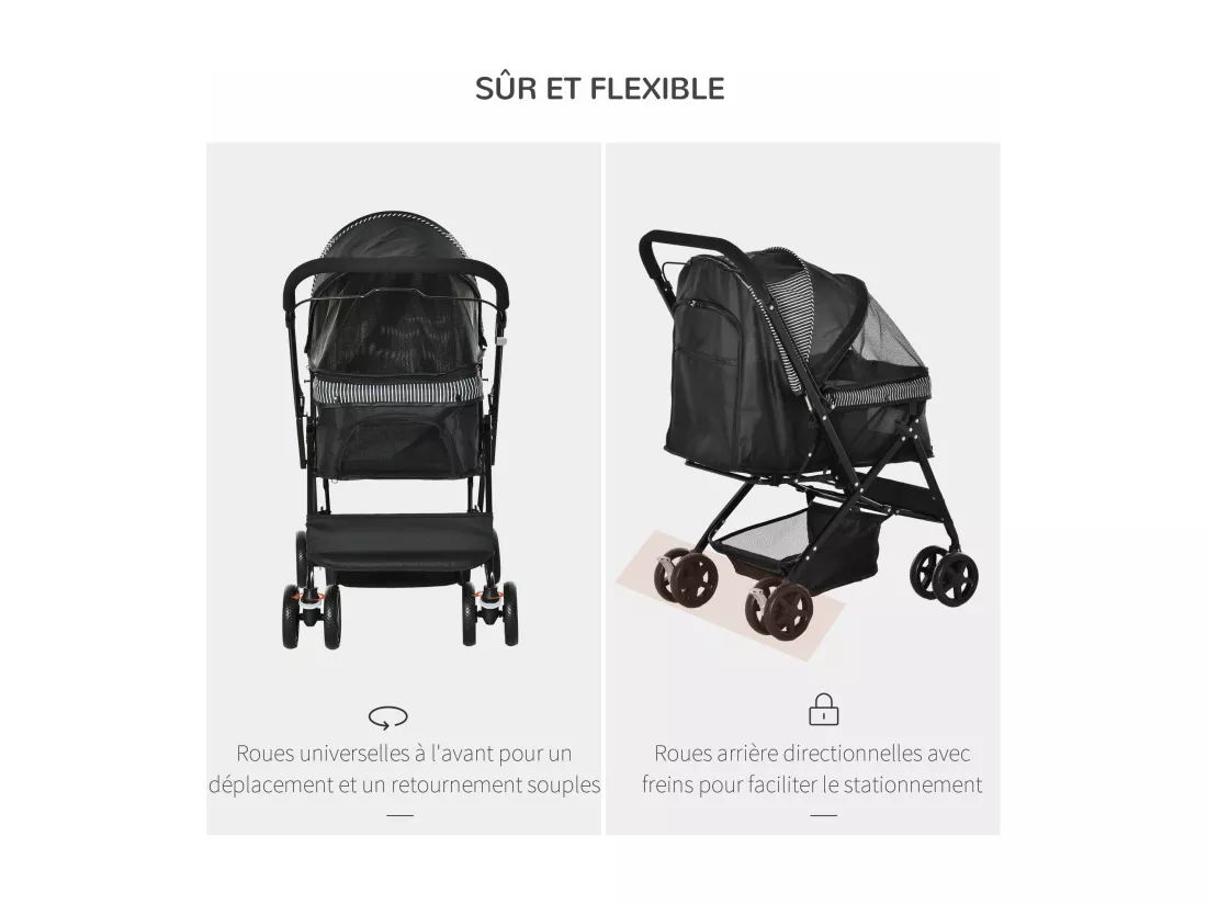 Poussette buggy pliable chien chat panier et sac de rangement attaches sécurité housse réglable poignée réglable acier Oxford noir
