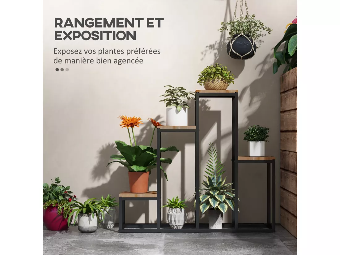 Porte-plantes style industriel 4 étagères - dim. 80L x 20l x 74H cm - acier noir bois sapin verni