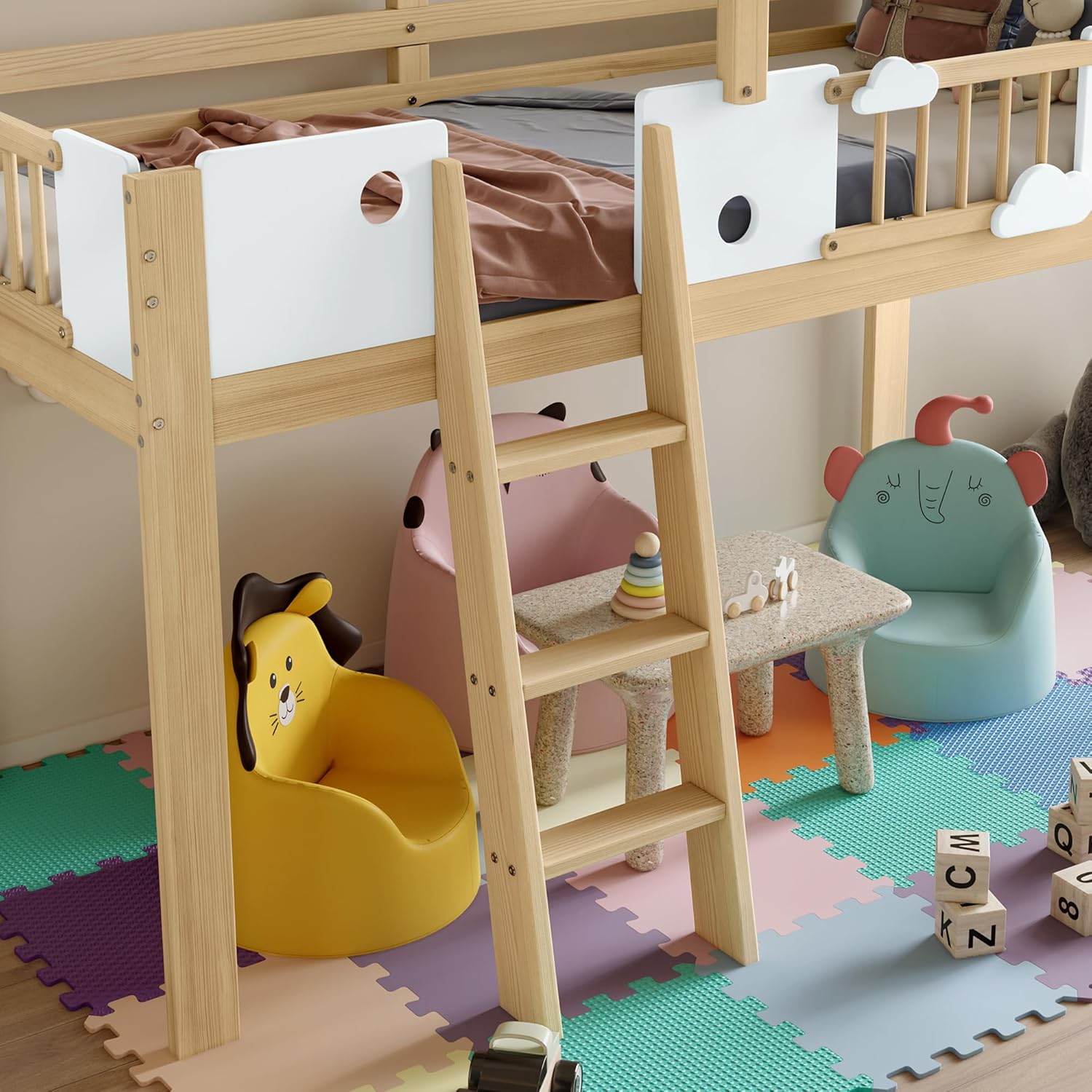 Merax Hochbett 90x200cm für Kinder, Etagenbett Kinderbett mit Fallschutz & Lattenrost, Hausbett mit Dreistufige Schrägleiter, Einzigartiges Dachdesign, Platzsparendes Stockbett, Kiefer+MDF, Natur&Weiß