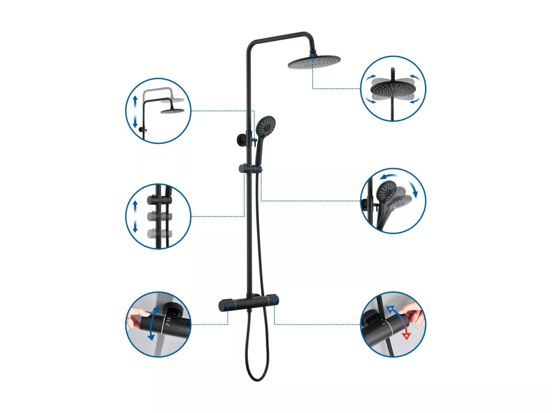 Colonne Douche Thermostatique Noir avec Mitigeur,Systeme Douche Thermostatique 38°C,Réglable Hauteur avec Douchette 3 Jets et Pluie 22.5mm