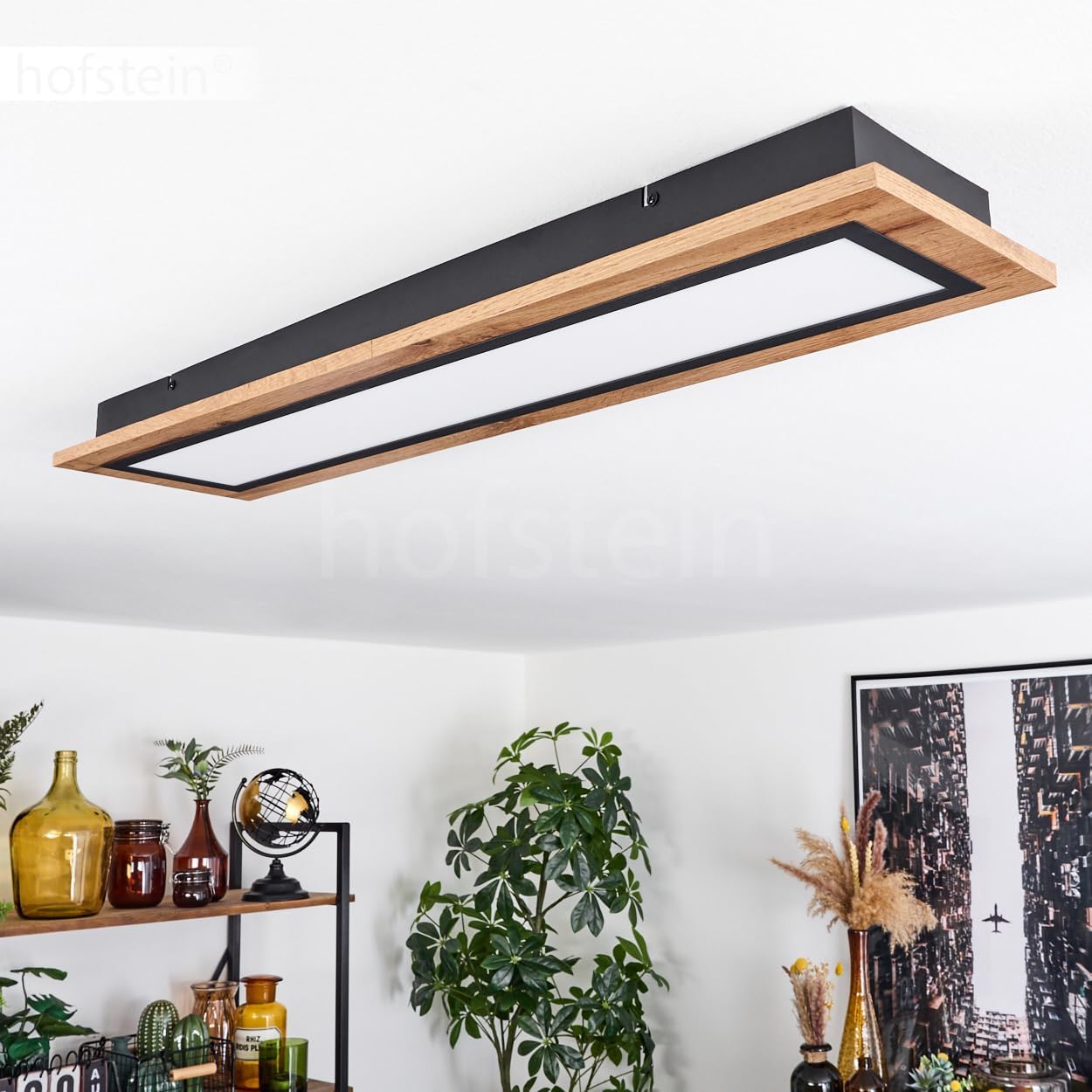 LED Deckenleuchte Salmi, moderne Deckenlampe aus Metall/MDF/Kunststoff in Schwarz/Holzoptik/Braun/Weiß, rechteckige Leuchte (80 cm x 20 cm), 2800 Lumen, 3000 Kelvin, LED 24 Watt