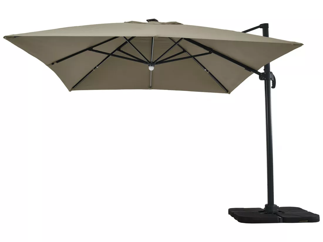 Parasol déporté LED 3x4m rectangle en aluminium + housse - rotatif 360° - Taupe - ROME