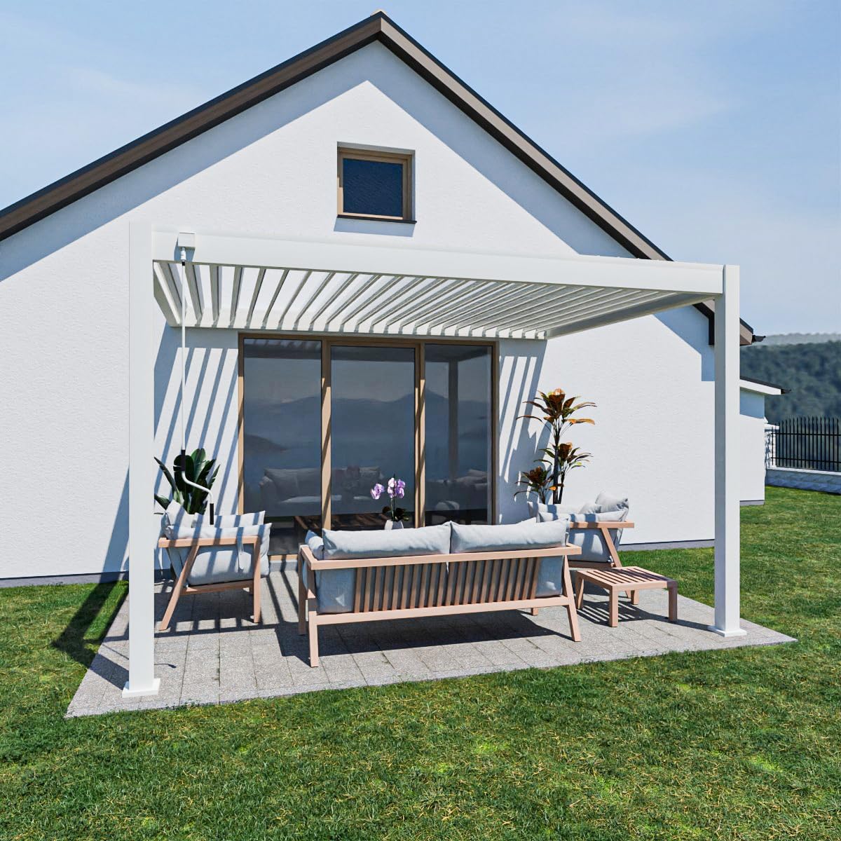 Pavillon Pergola 3x4m Terassenüberdachung mit Lamellendach verstellbar Gartenpavillon Hardtop wasserdicht stabil Winterfest Voll-Aluminium Grillpavillon Weide Premium Wall Weiß
