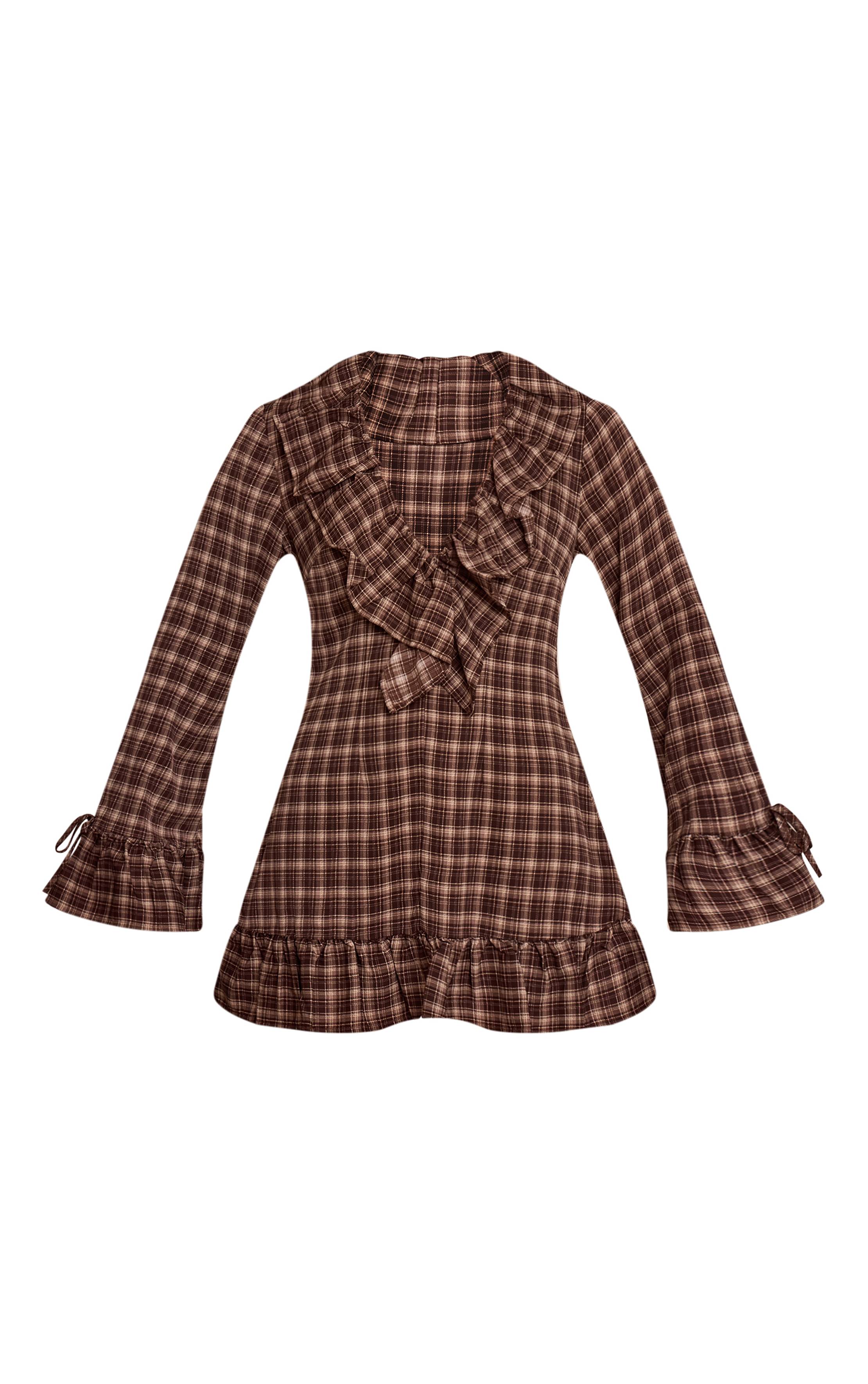Marron Robe Mini Droite À Carreaux Avec Volants Et Manches Longues