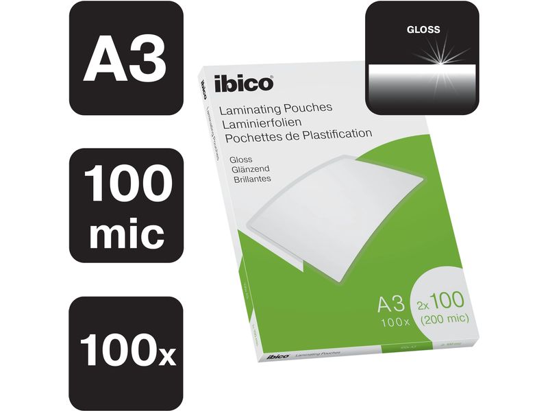 Ibico Laminierfolie Premium A3 100 µm, glänzend, 100 Stück Glänzende Premium Heisslaminierfolien