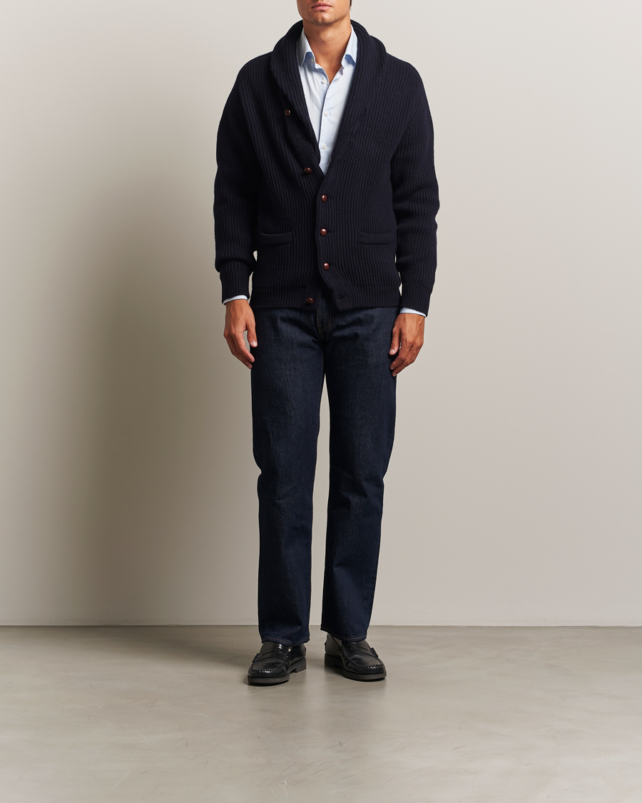 William Lockie Windsor Geelong Lambswool Shawl Cardigan Navy