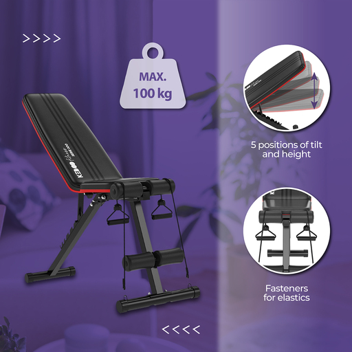 Conjunto de banco de musculação Keboo Fitness Série 500 (129,5 x 45 x 118 cm) e 6 faixas elásticas.