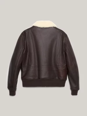 Jaqueta Bomber Crest de Couro com Gola a Penas e Corte Relaxado