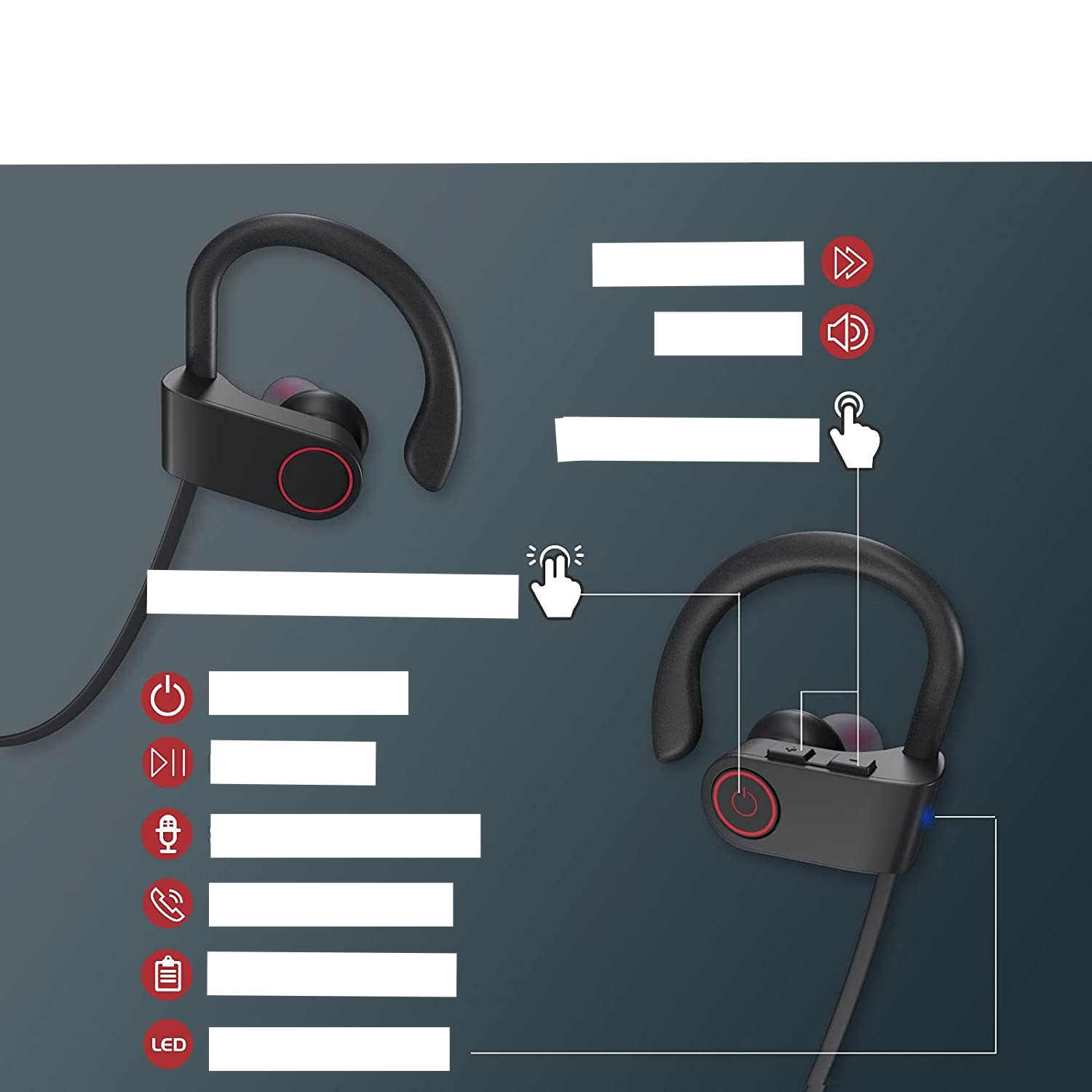 Schweissresistenter Bluetooth 5.0 In-Ear Sport Kopfhörer Headset mit Ohrbügel (IPX7) - Schwarz