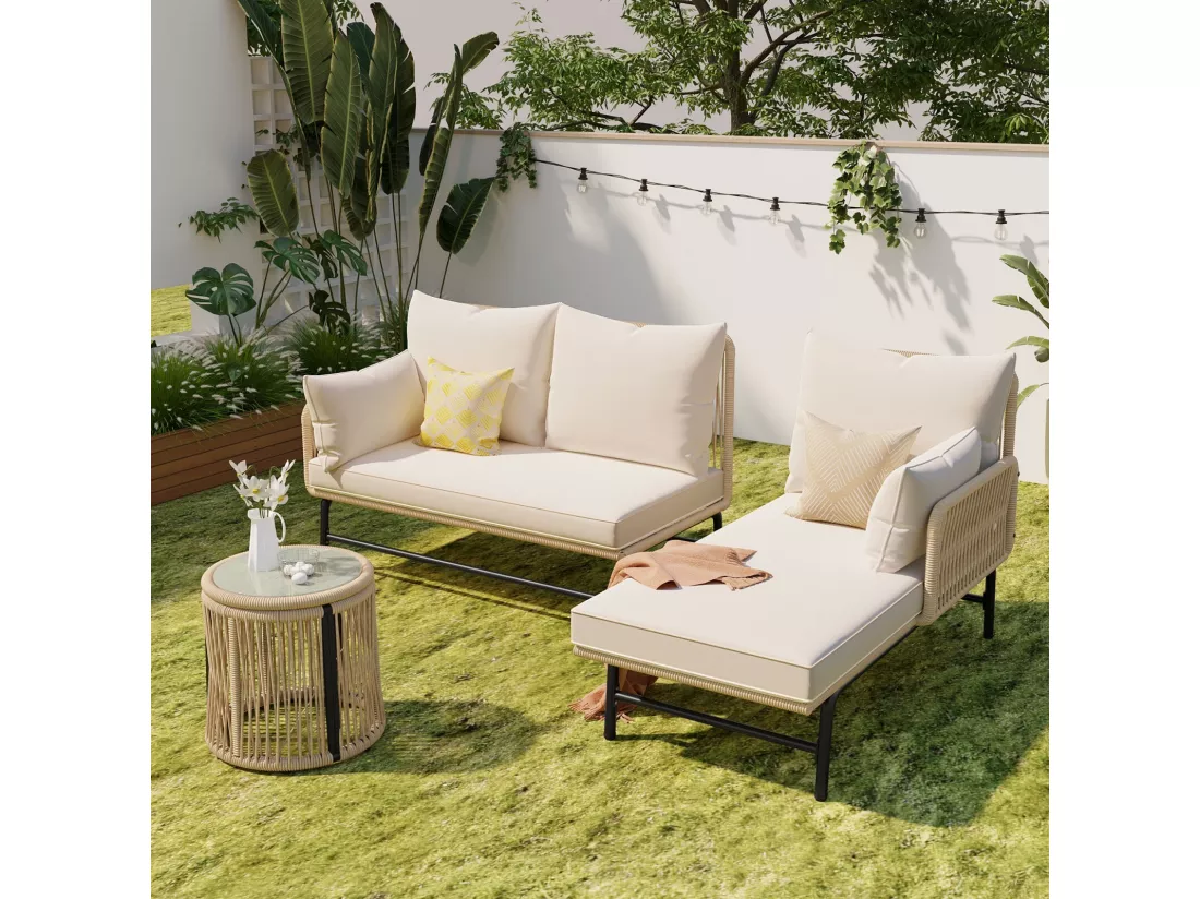 Salon de jardin en métal - avec coussins beige 8cm et dossier - Canapé 2 places + Méridienne droite + table basse
