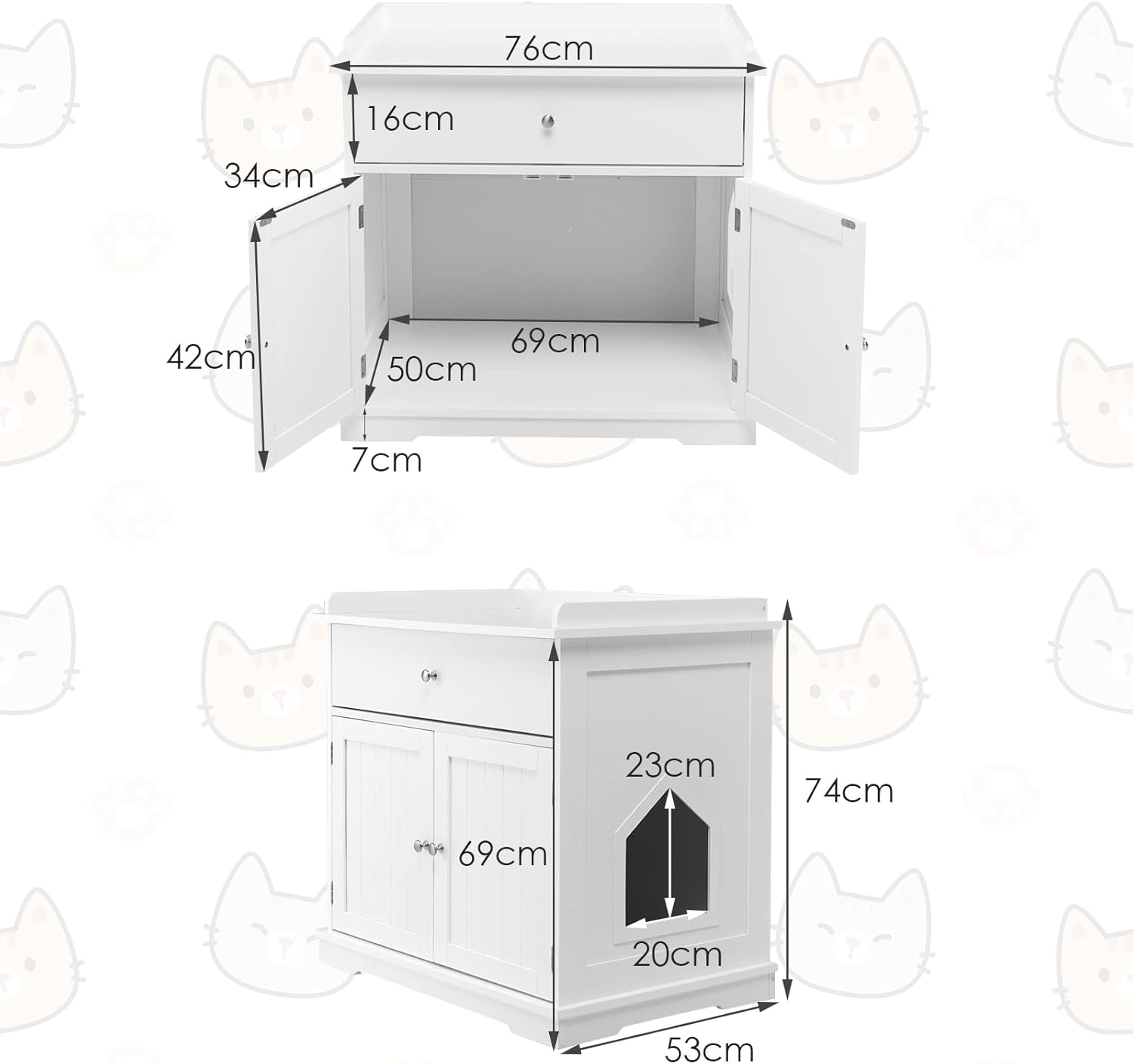 COSTWAY Katzenschrank mit Schublade & Tür & Eingang, 3-in-1 Katzenhaus Katzentoilette Beistelltisch, Schrank Katzenklo Katzenkommode, Katzenhöhle Haustierbox, Katzenmöbel (Weiß)