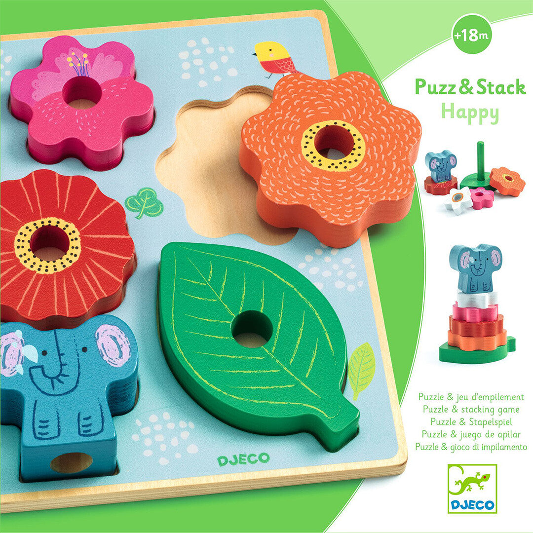 Djeco houten puzzel en stapeltoren - happy - 7st