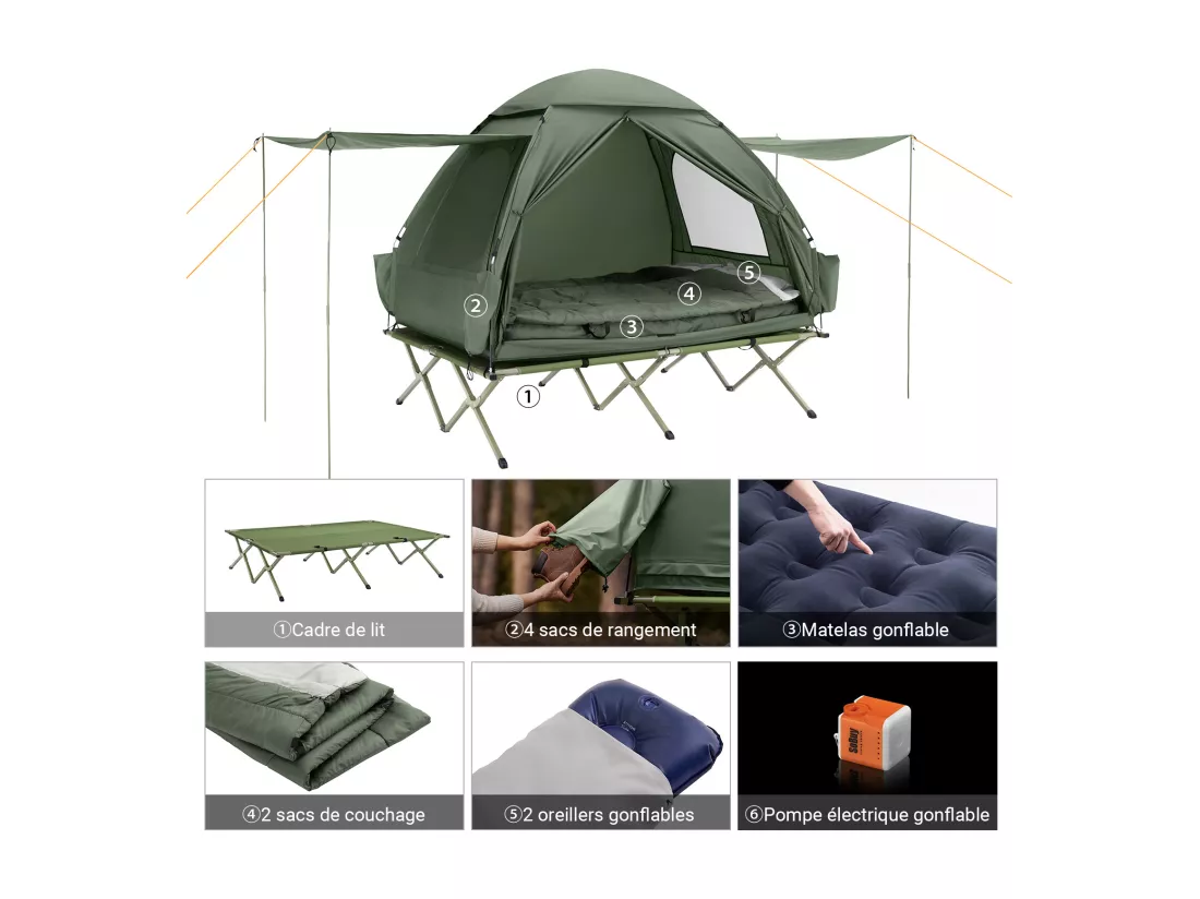 SoBuy Tente de Camping 4 en 1 Pliable Lit Surélevé, Toit, Sac de Couchage, Matelas Gonflable -2 Personnes - Idéal pour Randonnée, Festival et Plein Air OGS32-L-GR