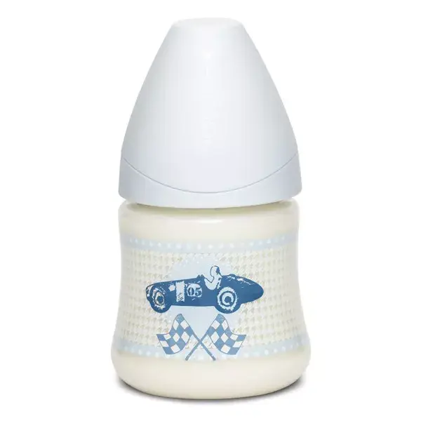 Mamadeira Suavinex de silicone fisiológico, design de carro, bandeira azul, fluxo médio, 0-6 meses, 150ml