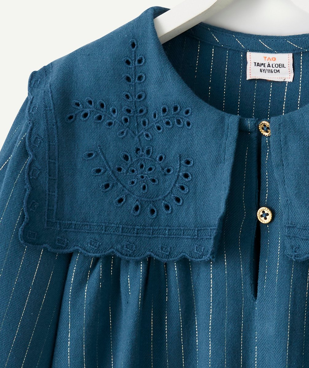 ROBE BLEU CANARD FILLE AVEC GRAND COL ET LISERÉS COULEUR DORÉS