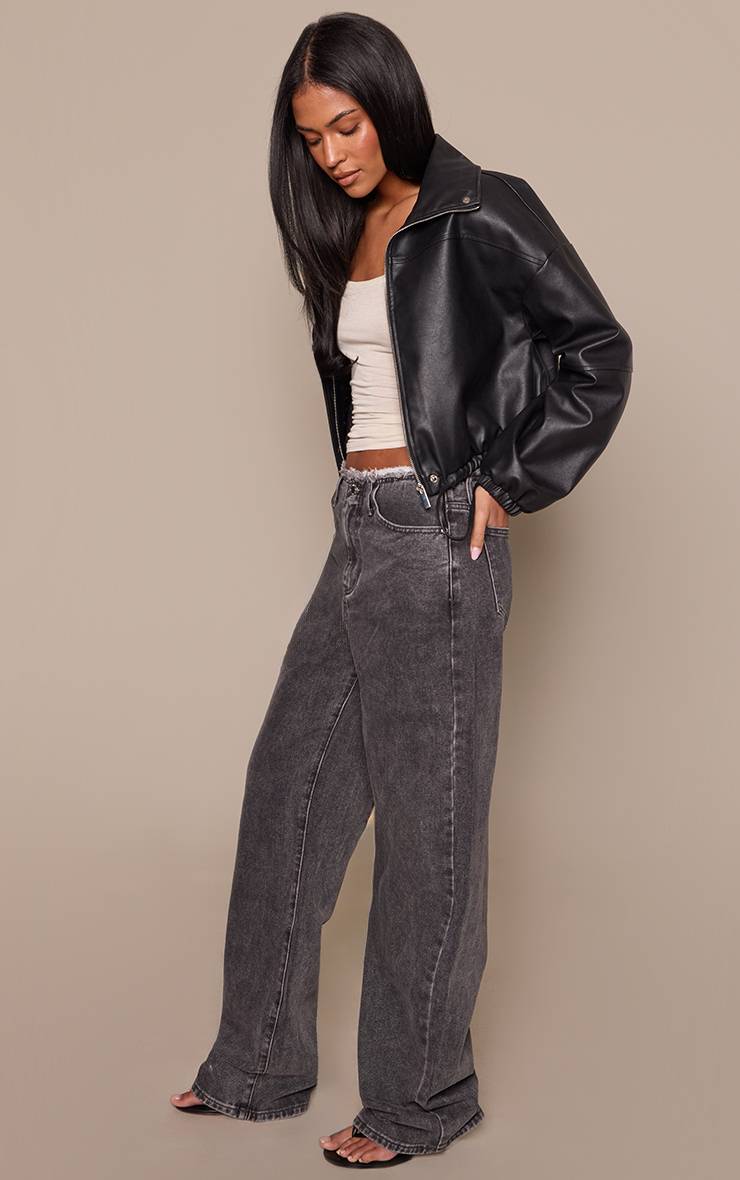 Washed Grey Jean Taille Haute Droit Taille Bord Effiloché Coupe Basse