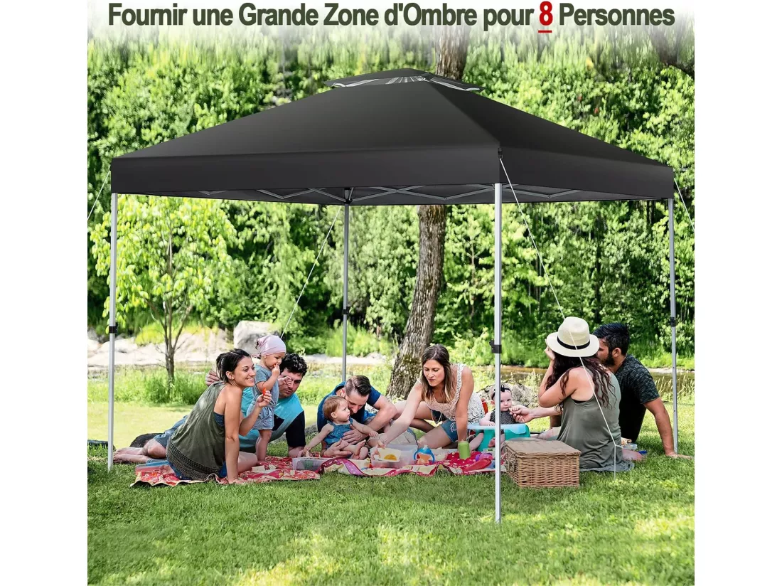 Tonnelle de Jardin Instantanée 305x305cm Toit Double Ventilé, Tente de Jardin Anti-UV Imperméable à 3 Hauteurs 217/246/275CM avec Sac à roulettes pour Patio CamBoisg (Noir)