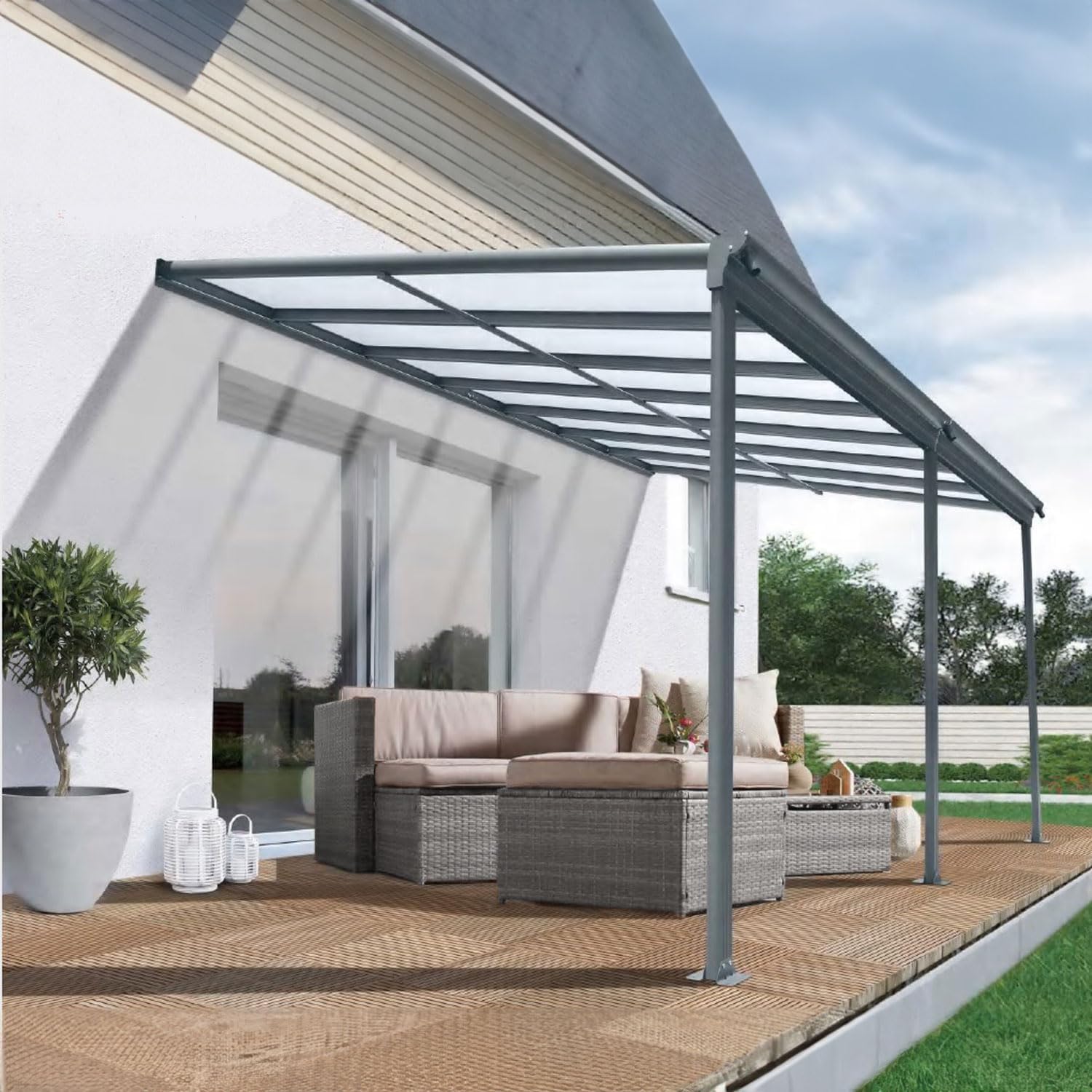 Terrassendach Aluminium transparentes Dach | Terrassenüberdachung Veranda grau 435 x 300 cm