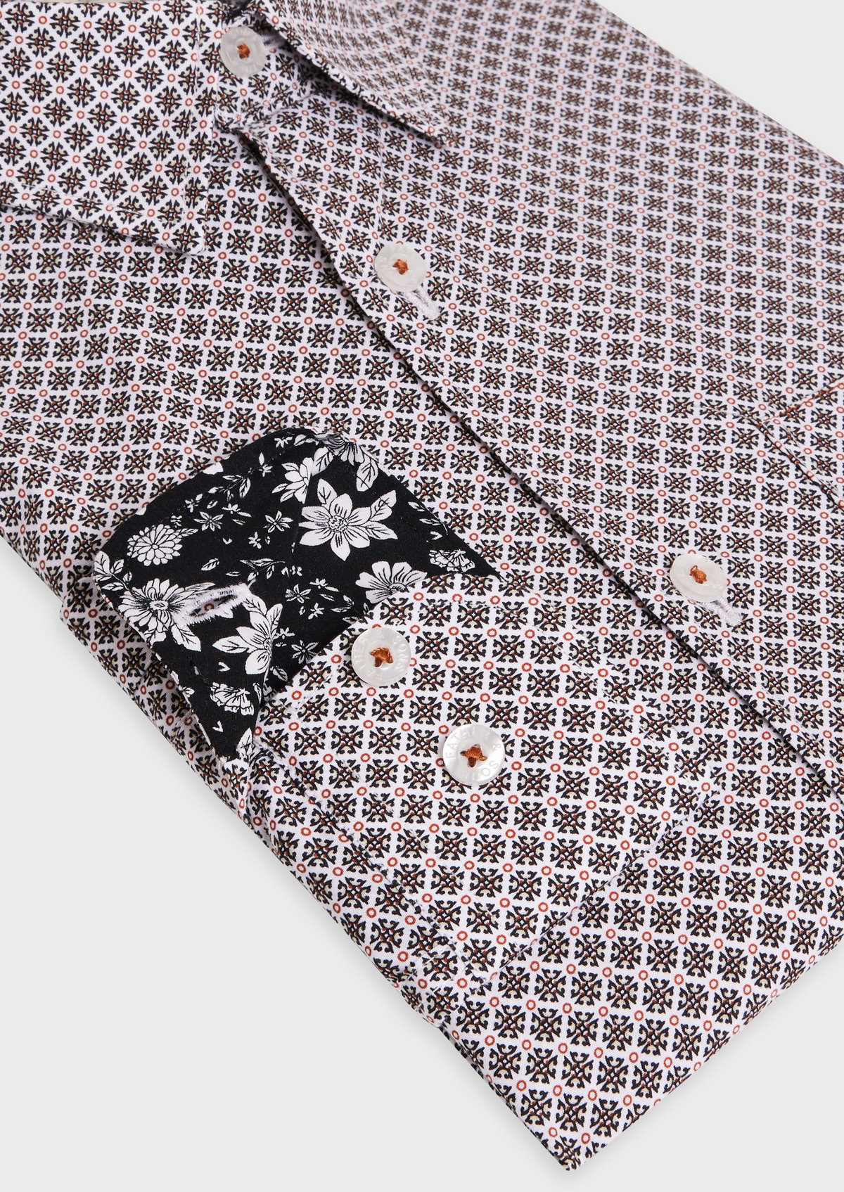 Chemise sport Slim en popeline de coton blanc à motif fantaisie noir et marron
