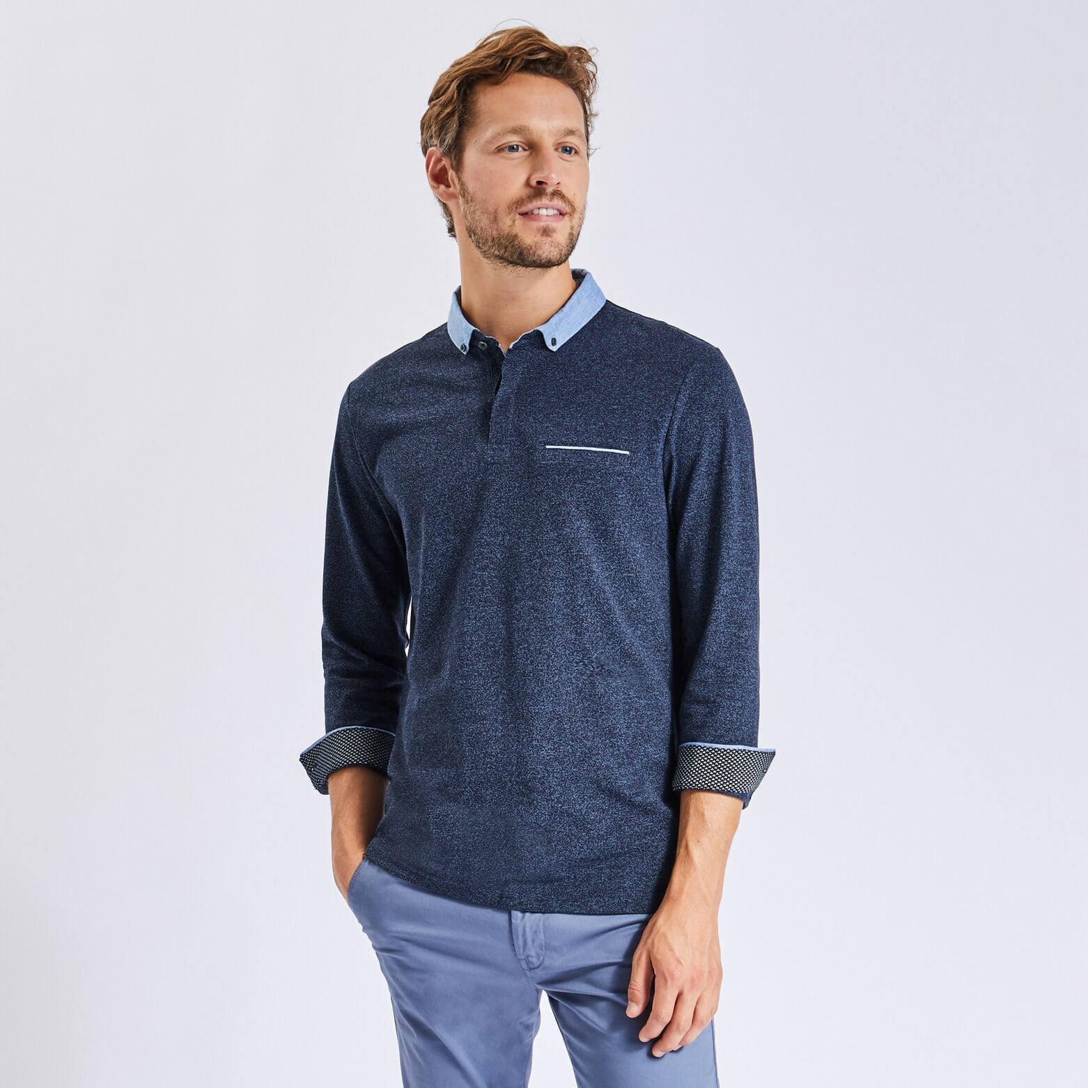 Polo manches longues maille piquée moulinée col ox Bleu foncé