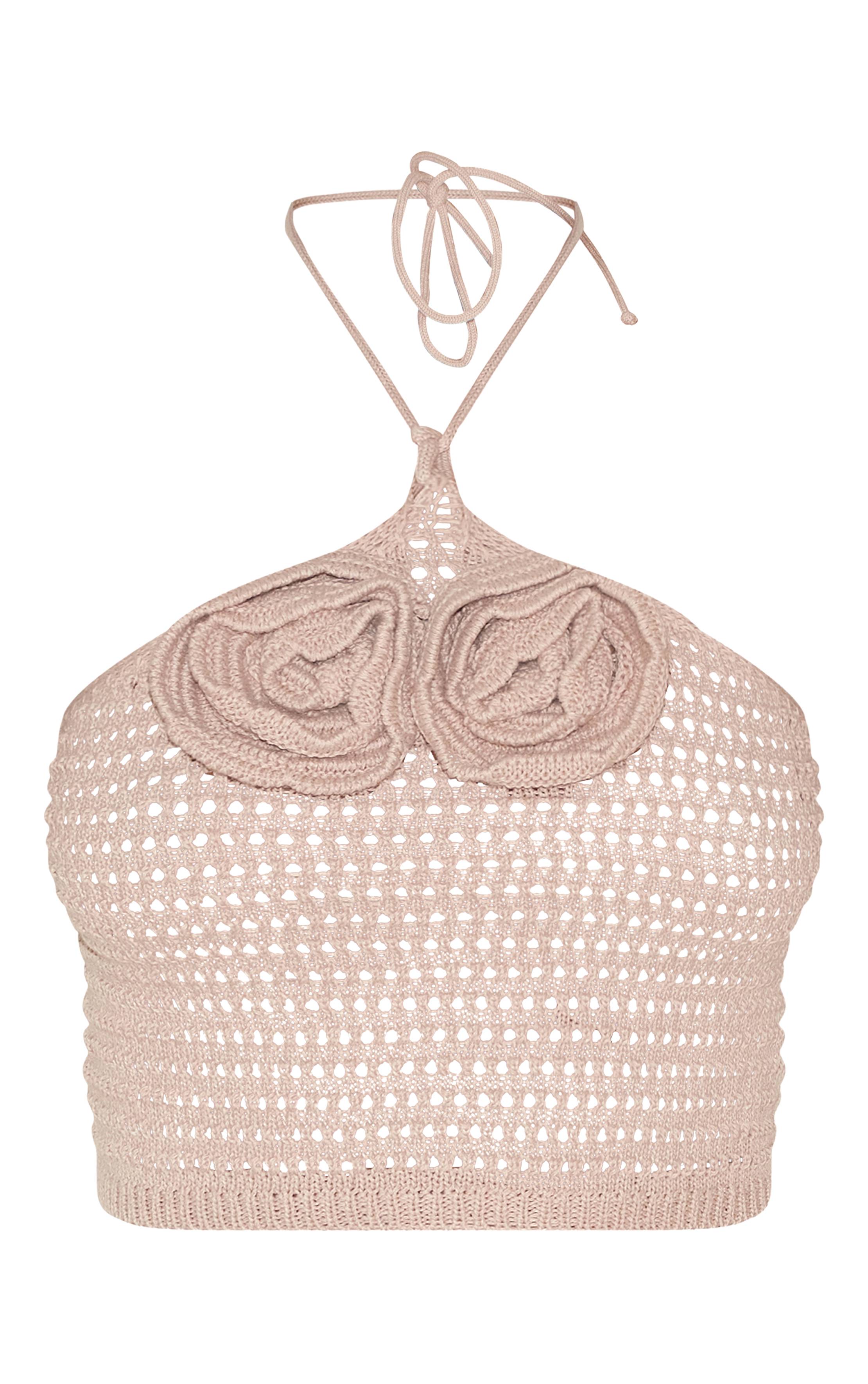 Taupe Haut À Col Noué Avec Applique Florale