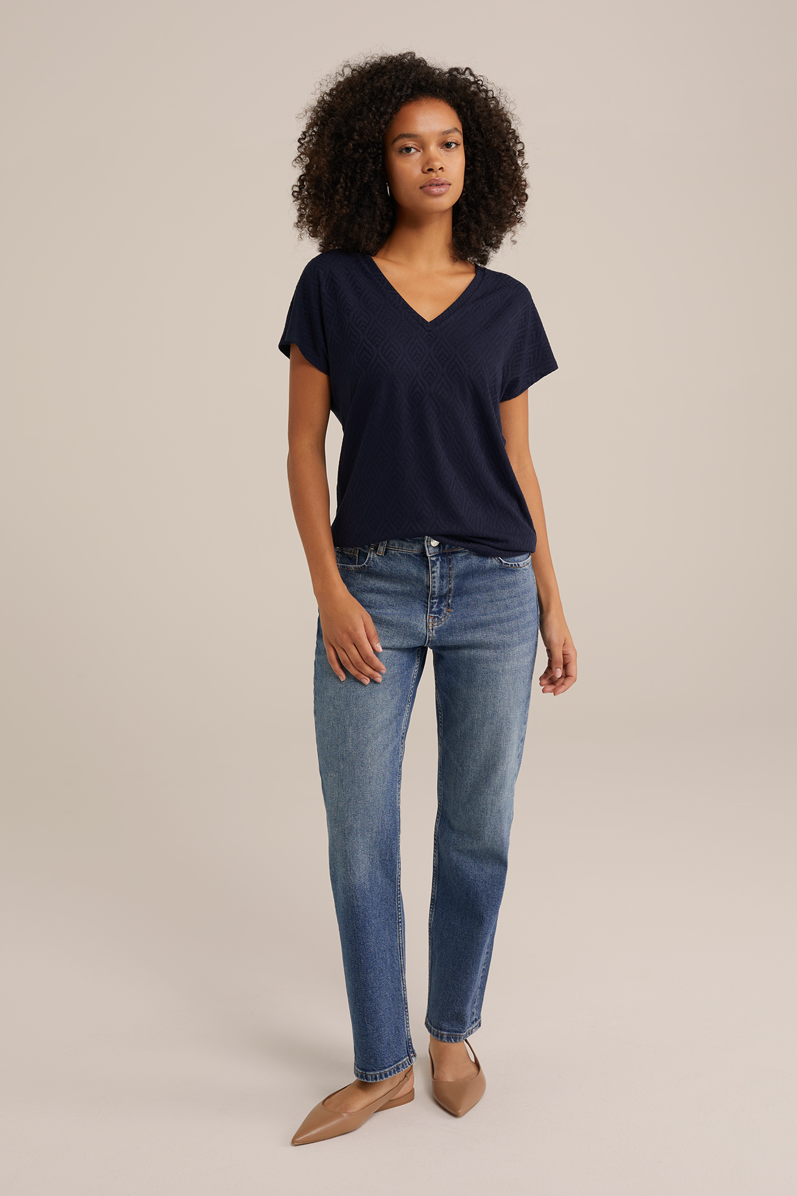 T-shirt met jacquard-dessin WE Fashion Donkerblauw