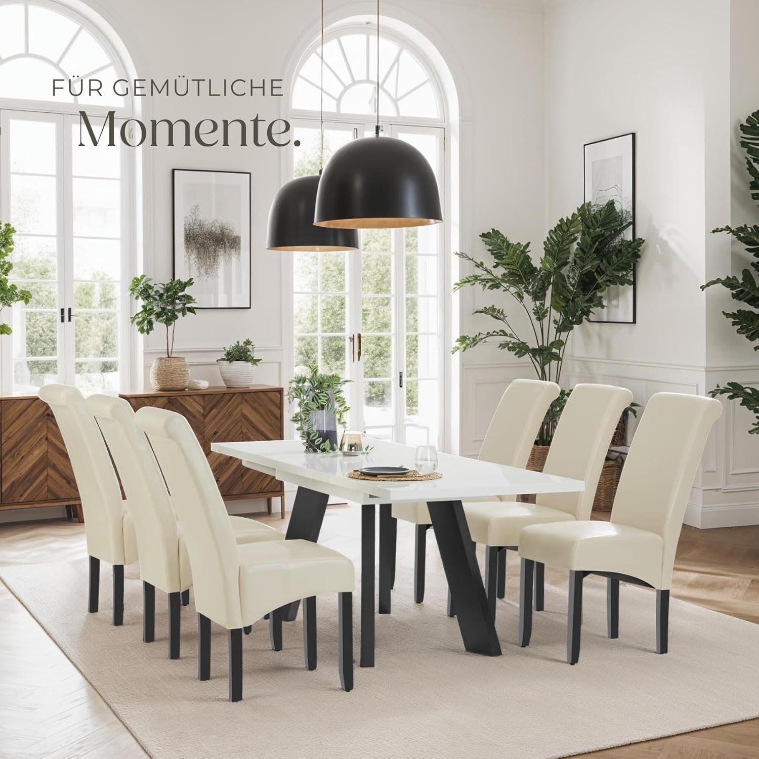 tectake® 2er Set Stühle, Kunstleder Stuhl mit hoher Rückenlehne, ergonomische Form, perfekt für den Esstisch, als Esszimmerstühle, Küchenstühle oder im Wohnzimmer - Creme