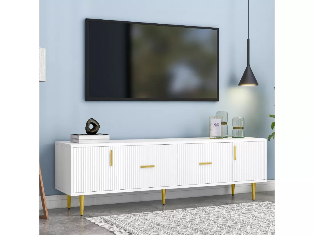 Meuble TV design élégant avec rayures verticales blanc façade poignées dorées avec 2 tiroirs L170 cm DERLA