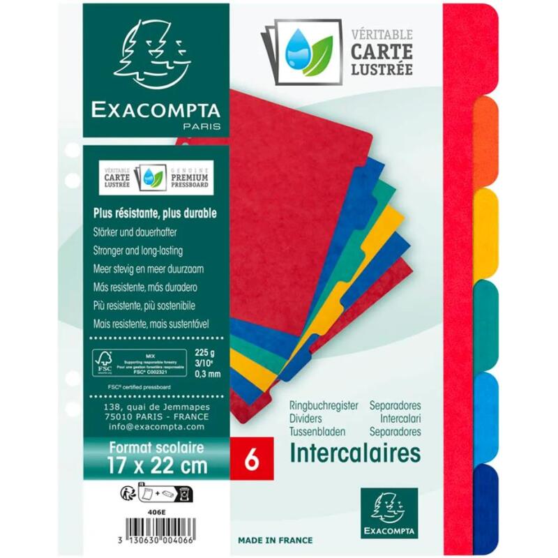 Intercalaire 17 x 22 cm carte lustrée Exacompta 6 onglets neutres multicolores - 1 jeu