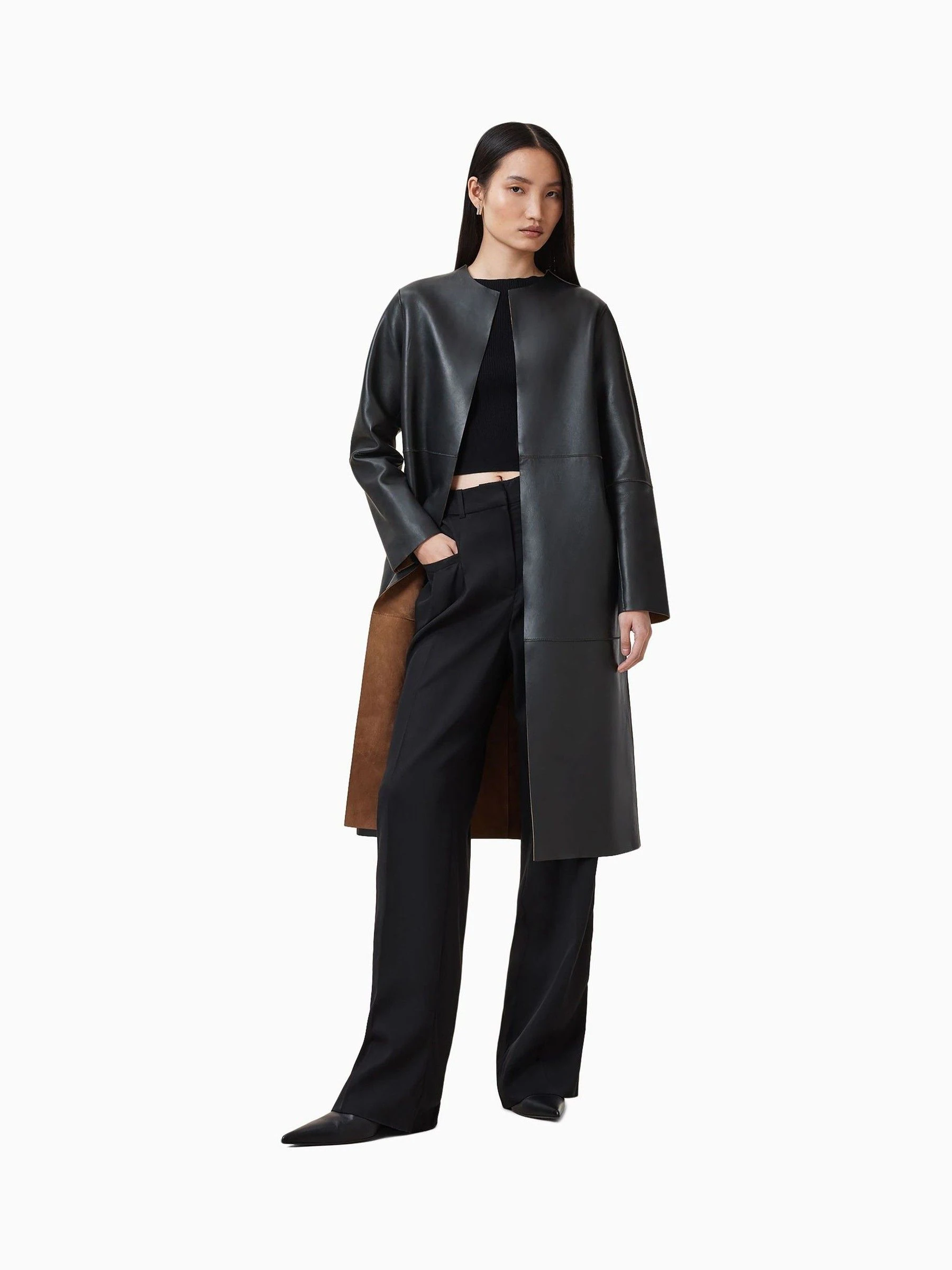 AllSaints Selby Omkeerbare Bruine/Zwarte Suède Trenchcoat