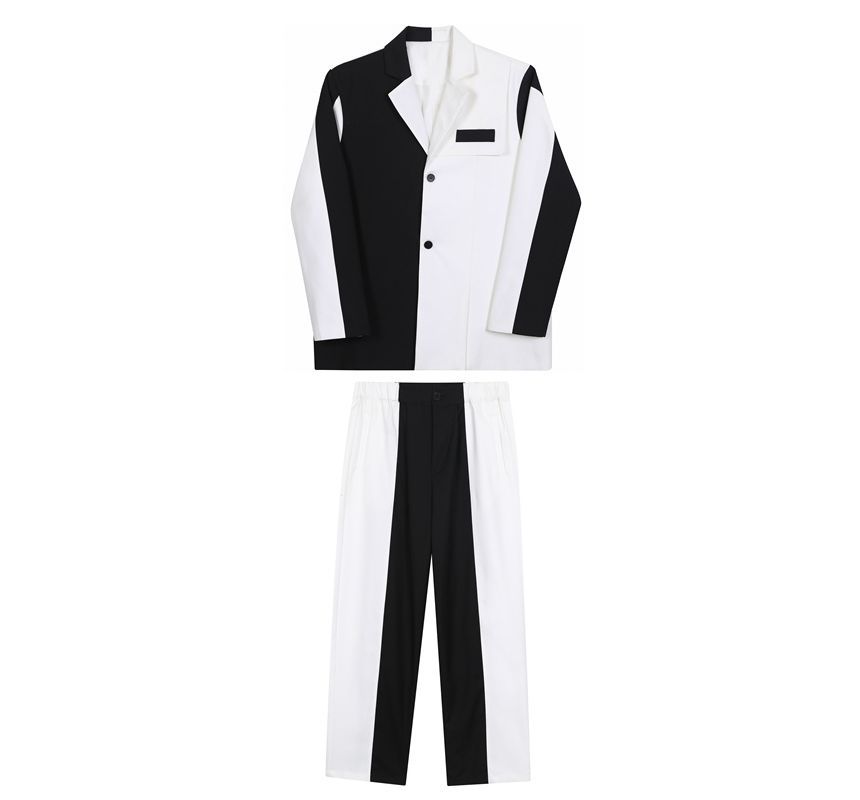Patow - Set: Tweekleurige blazer met knoopjes + hoge taille losse pantalon