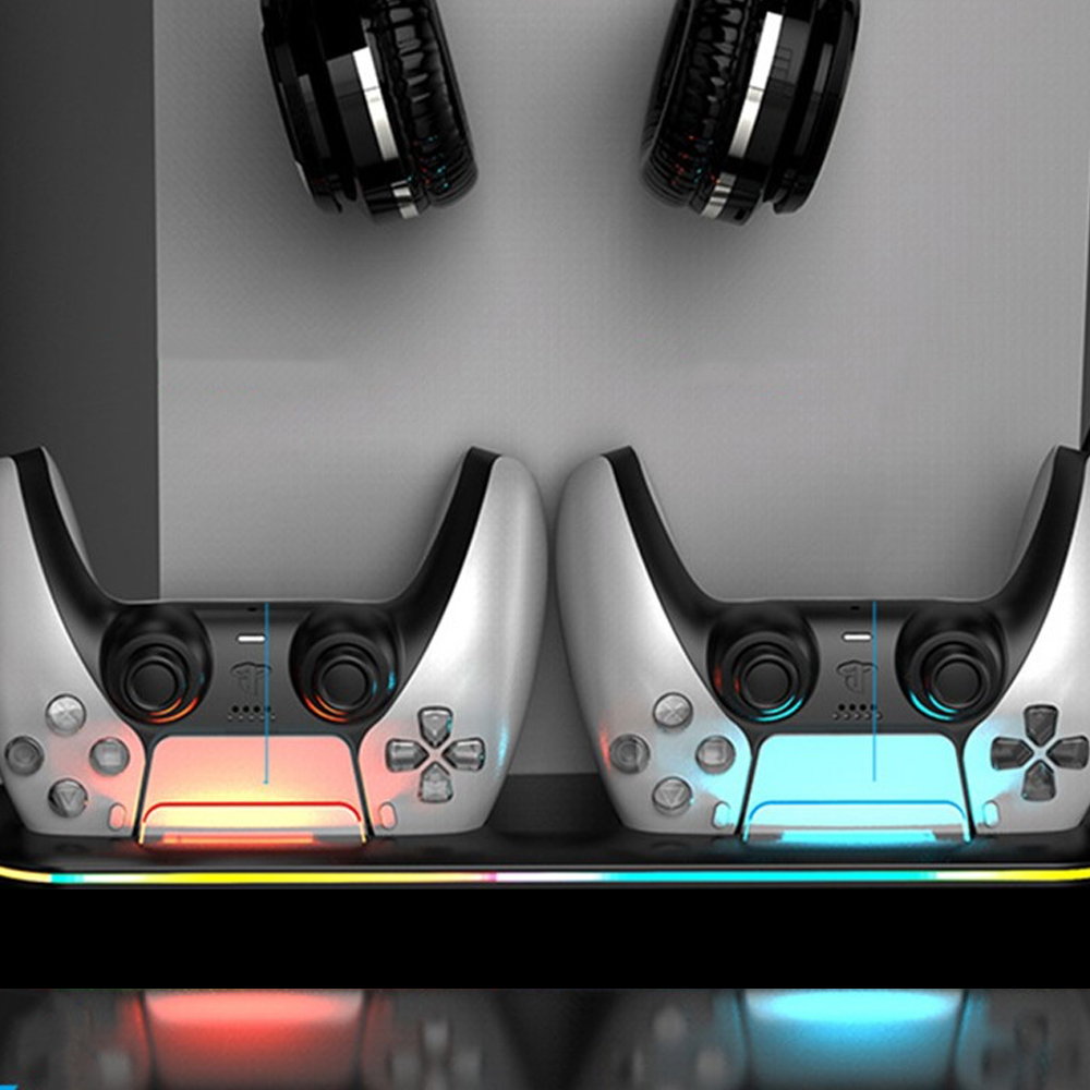 Sony PlayStation PS5 Halterung mit Lüfter und Controller Dual Ladestation   Disk Ständer / Headset Halterung mit RGB LEDs - Weiss
