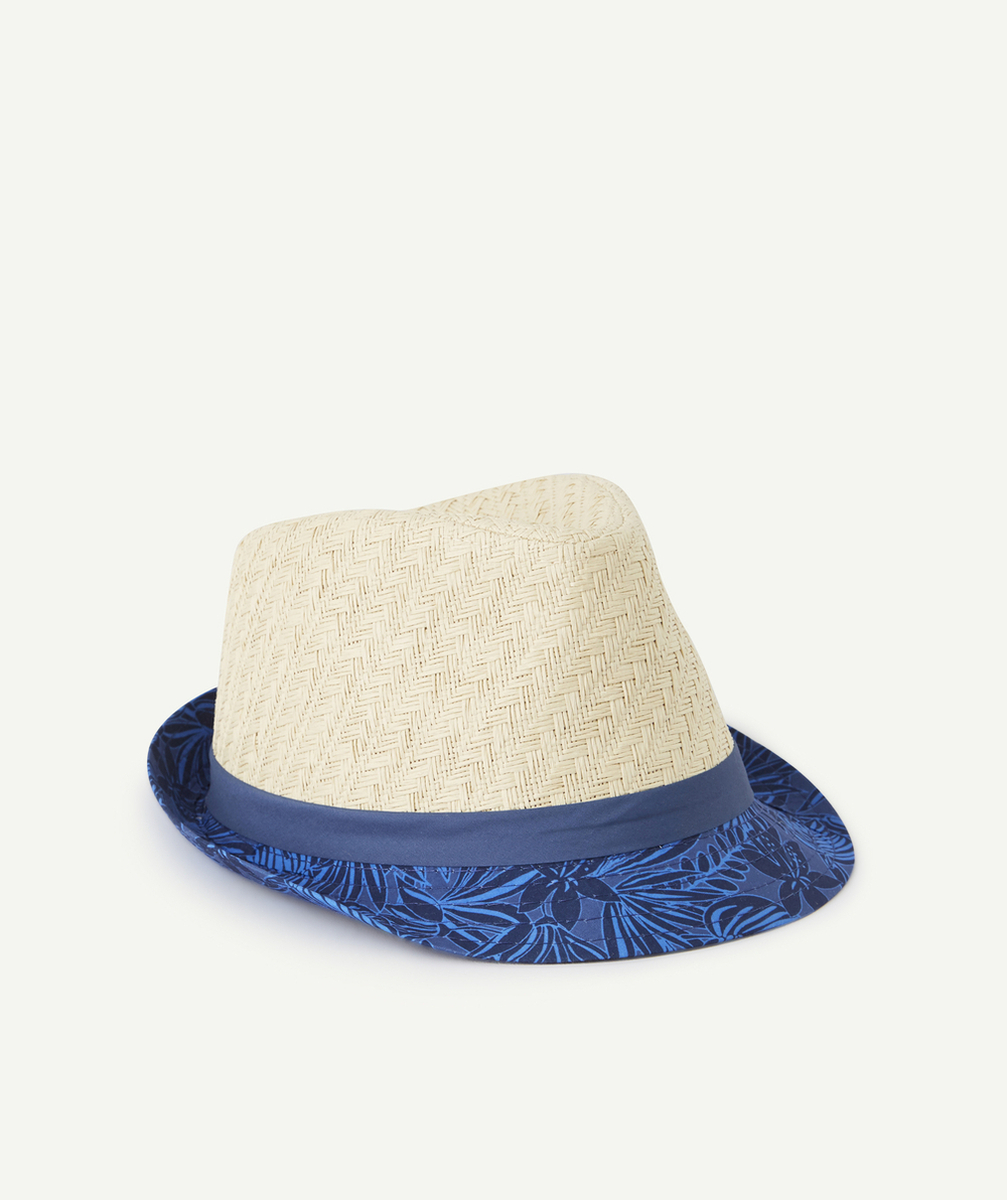 CHAPEAU DE PAILLE GARÇON AVEC TISSU BLEU MARINE IMPRIMÉ