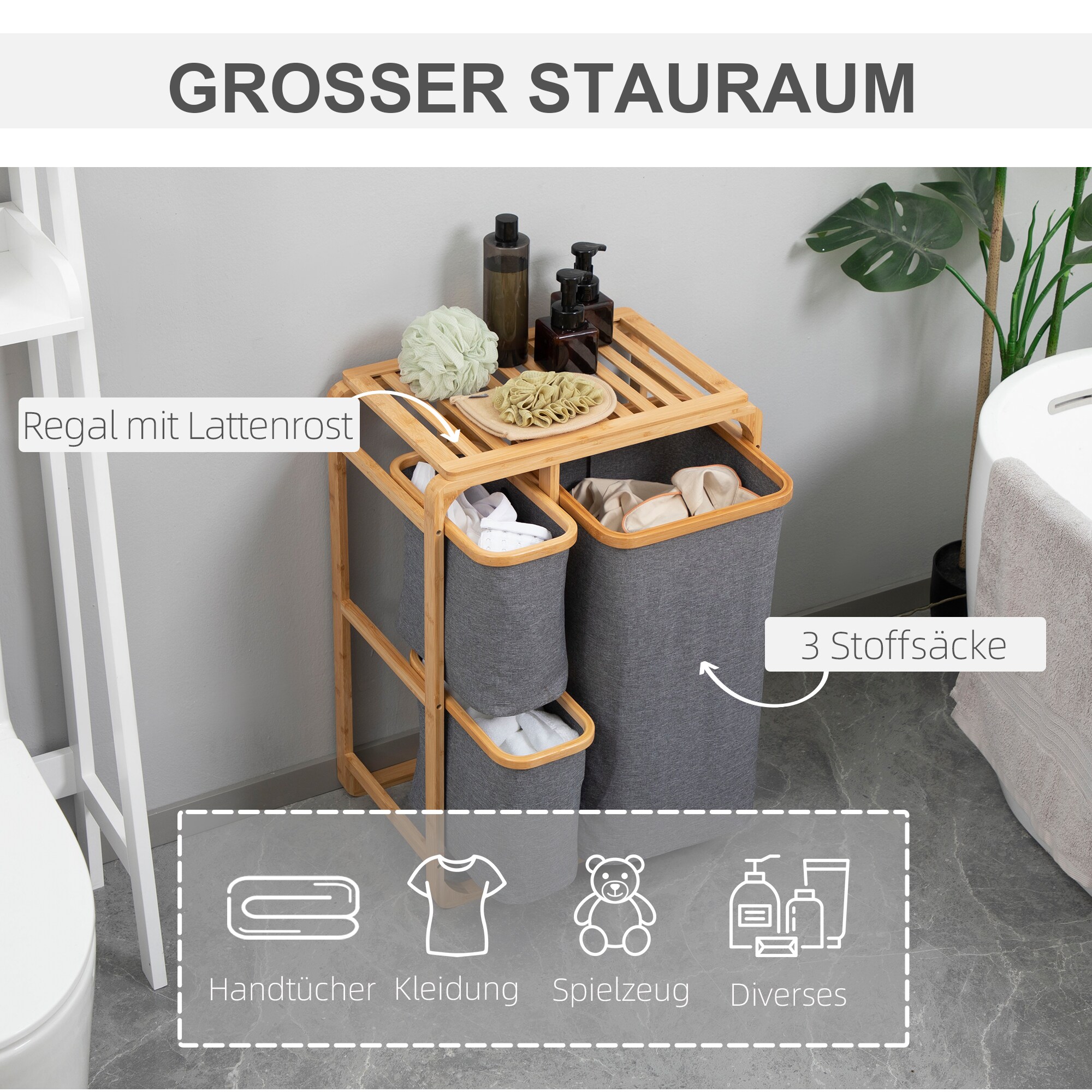 HOMCOM Wäschekorb mit 3 abnehmbaren Wäschesacke grau, natur 50L x 32B x 69,7H cm