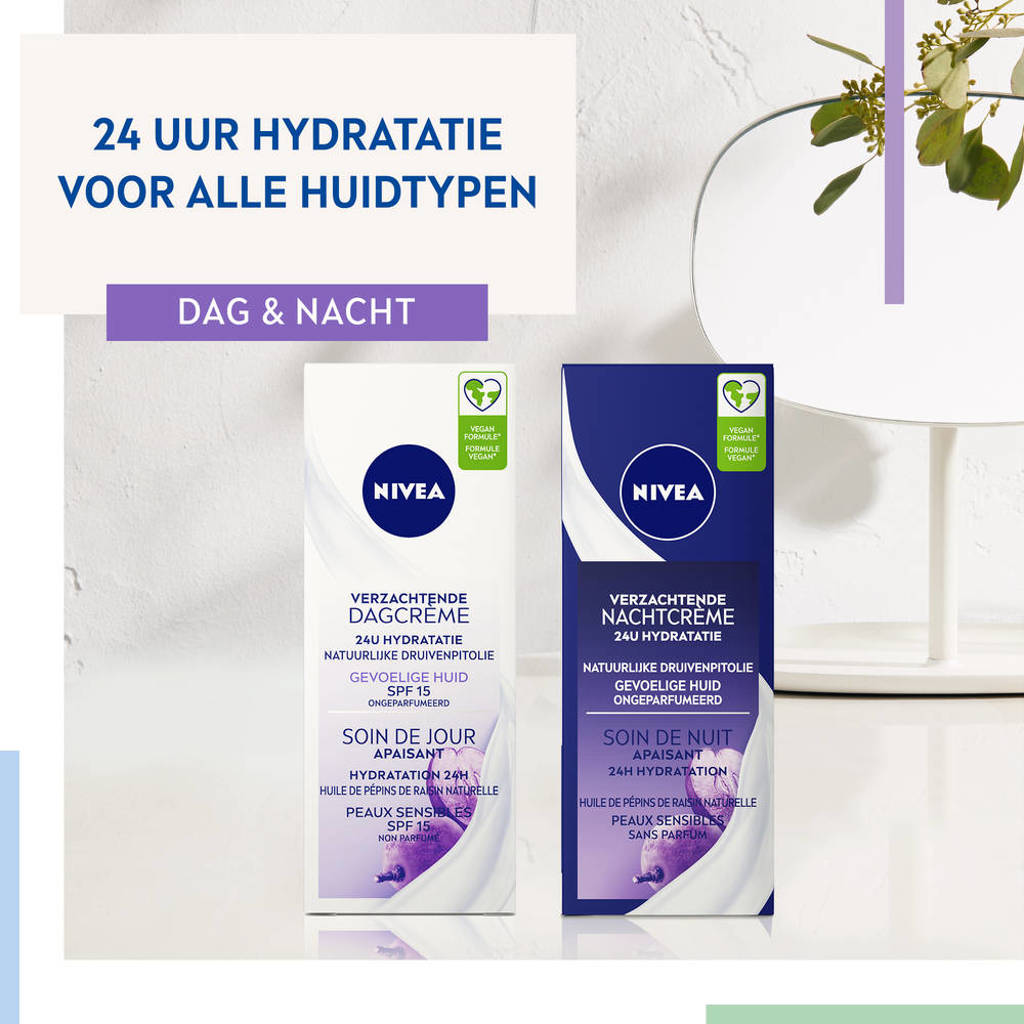 Fijne dagcrème, trekt snel in. Brand niet met op smeren+24h sensitive dagcreme spf15 - 50 ml