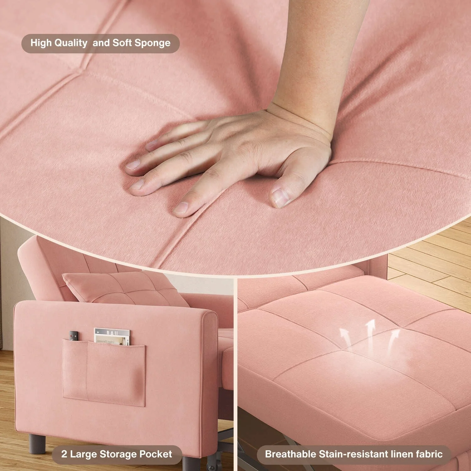 3-in-1 Adjustable Sleeper Sofa Bed, Pull Out Chair Sofa, Convertible Folding Bed for Living Room