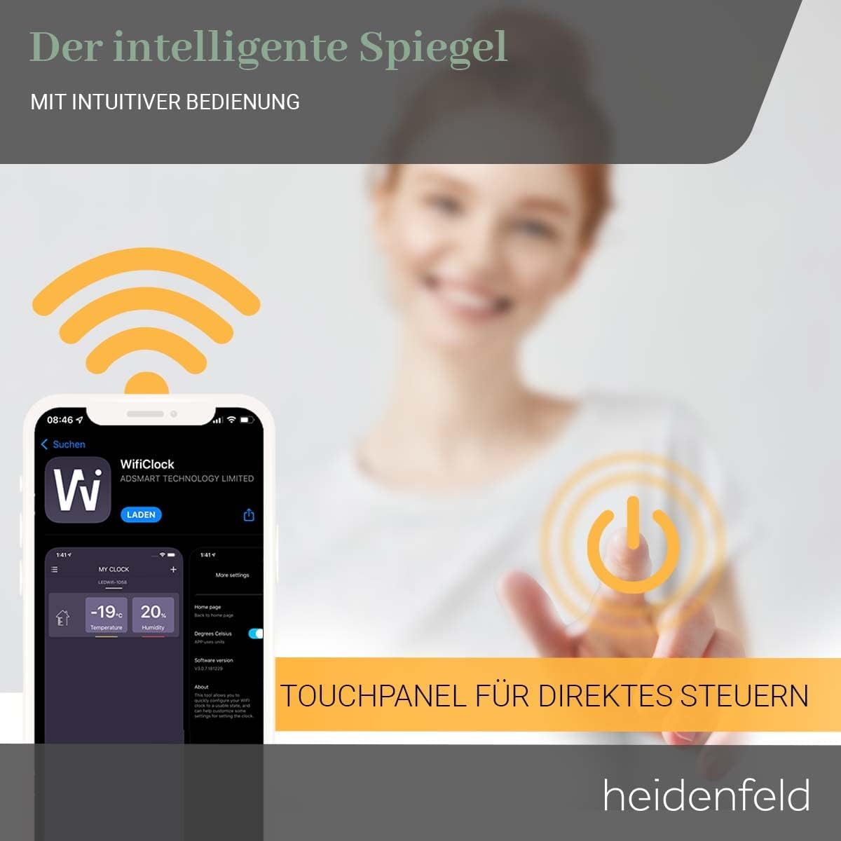 Heidenfeld Spiegel Infrarotheizung | HF-HS200 mit Touchpanel -    - 200 Watt - 60 x 60 cm - WiFi Badspiegel - Badezimmerspiegel - Infrarot Heizung Spiegel - Wandheizung