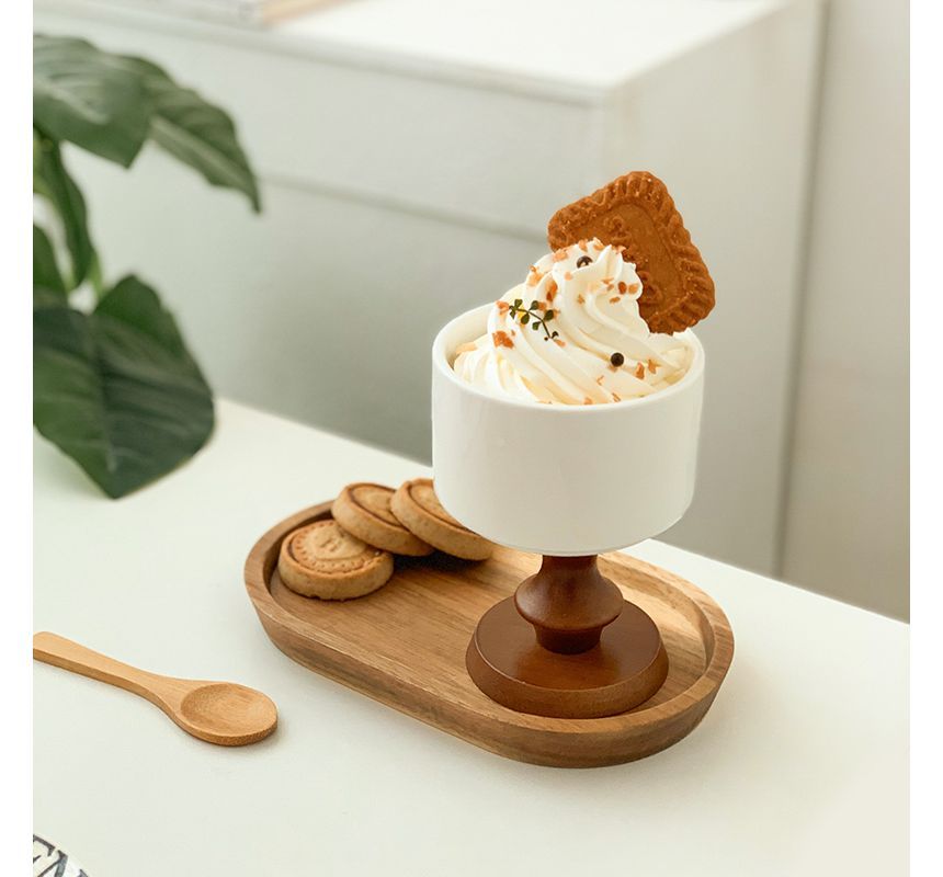 Hashi - Eenvoudige keramische dessertkom / houten lepel / houten dienblad / set (verschillende ontwerpen)