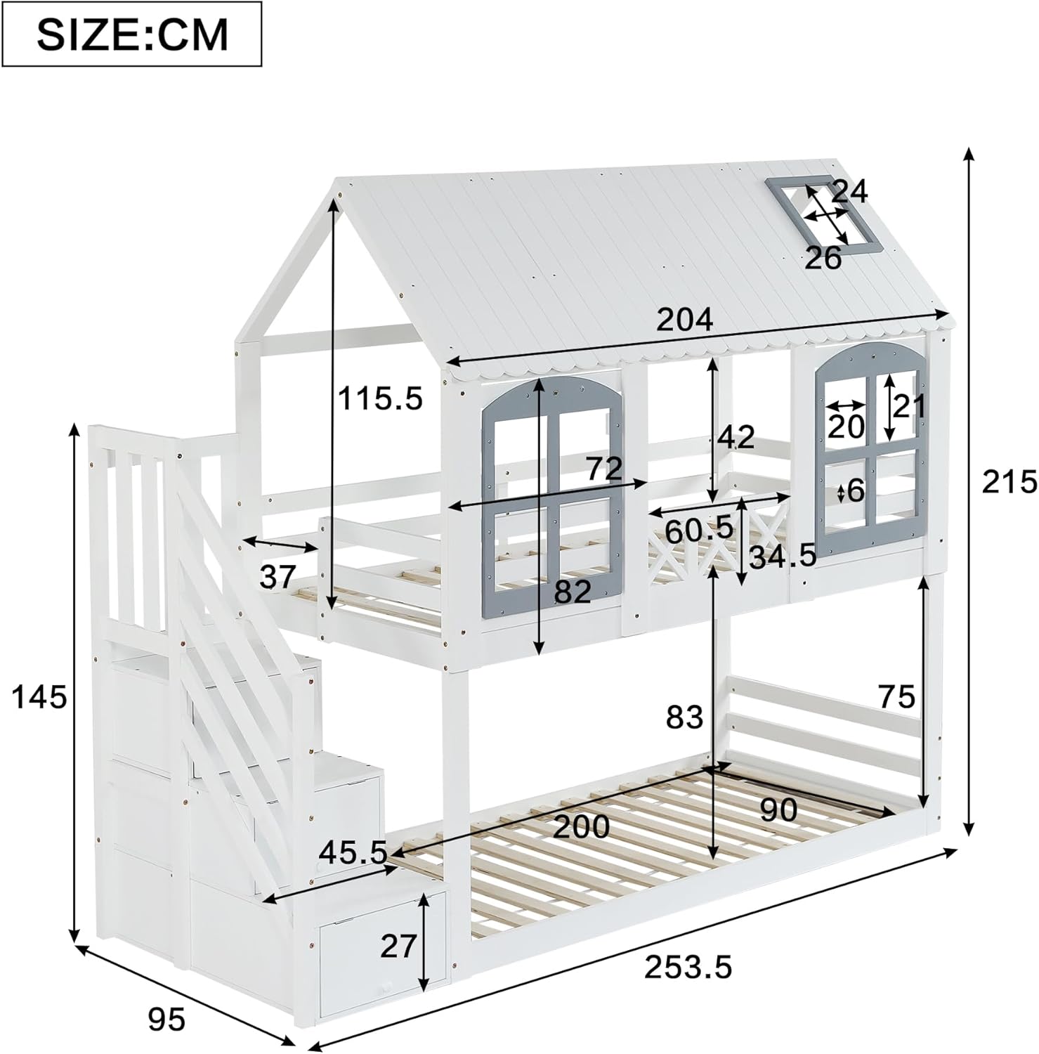 Merax Etagenbett 90x200cm, Kinderbett Hochbett für 2 Kinder, Baumhausbett mit Rausfallschutz & Lattenrost, Hausbett mit Dach & Fenster, Platzsparendes Stockbett mit Stauraumtreppe, Jugendbett, Weiß