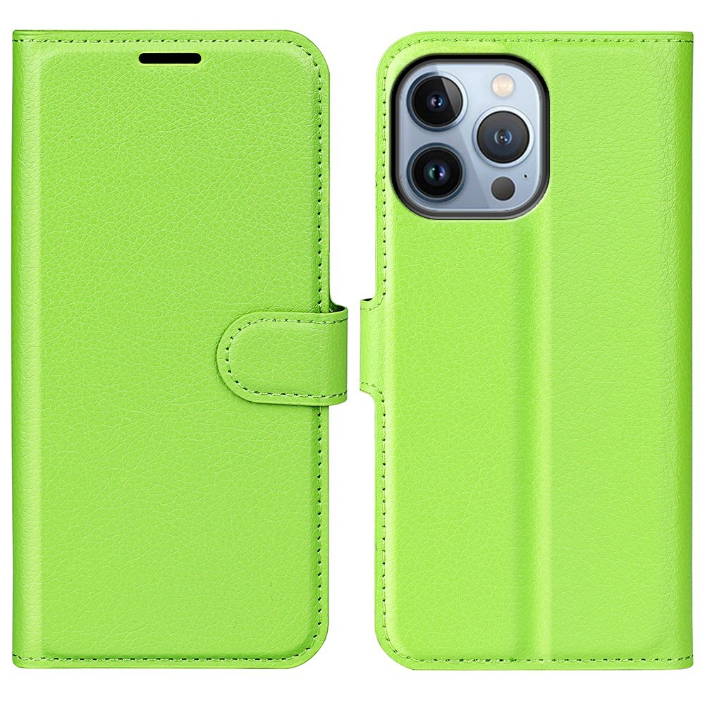 iPhone 14 Pro Leder Tasche Flip Cover Litchi Look - Grün