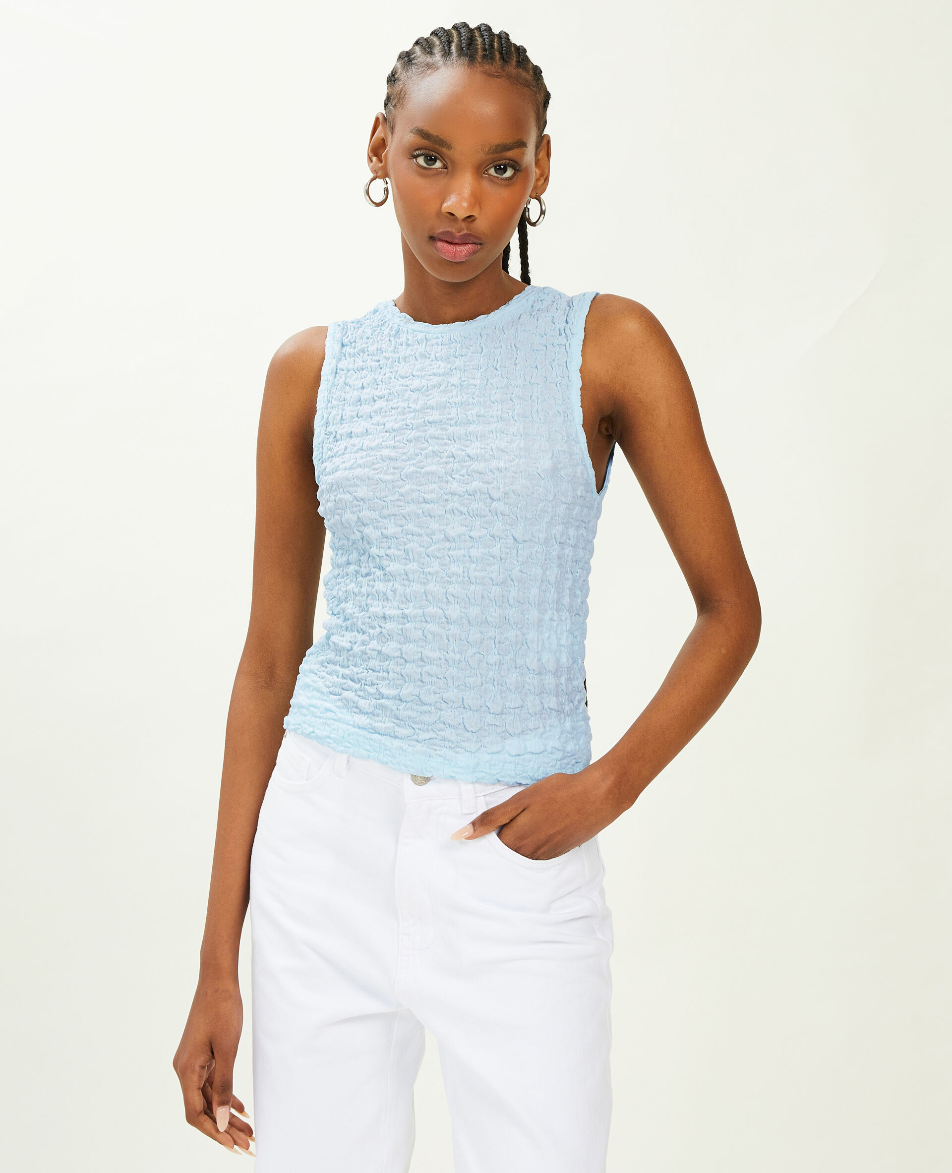 Top court sans manches maille gaufrée - Bleu clair