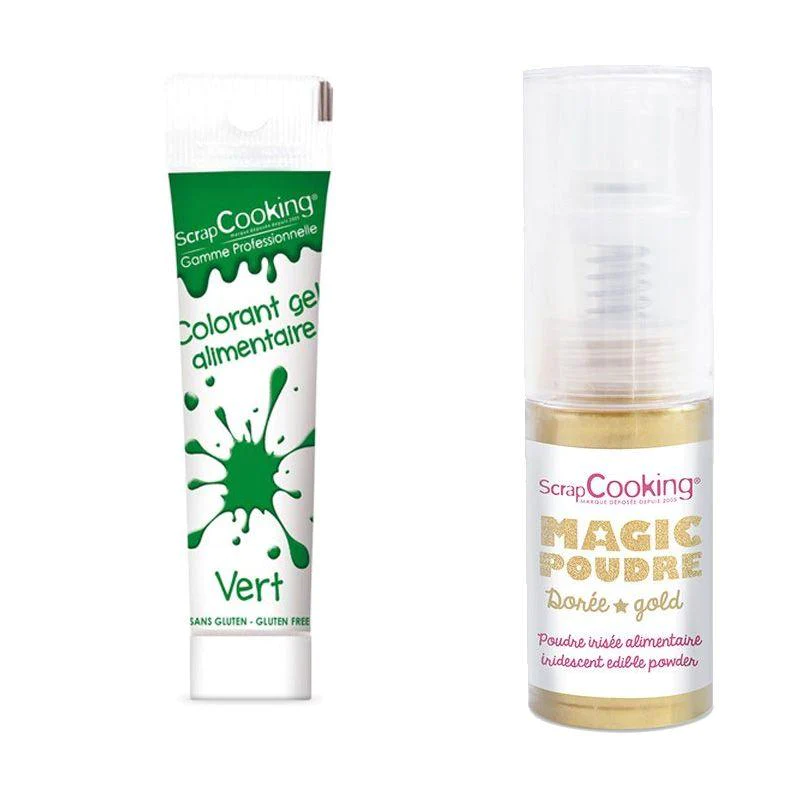 Gel colorant alimentaire vert + Poudre irisée dorée Scrapcooking