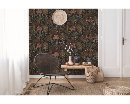 Vliesbehang 39349-5 Famous Garden bladeren zwart geel