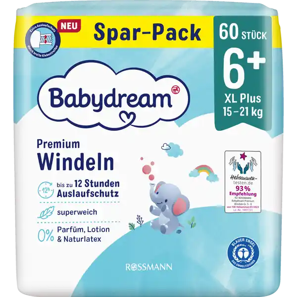 Premium Windeln Größe 6+ XL+ Jumbo, 60 Stück, 15-21 kg
