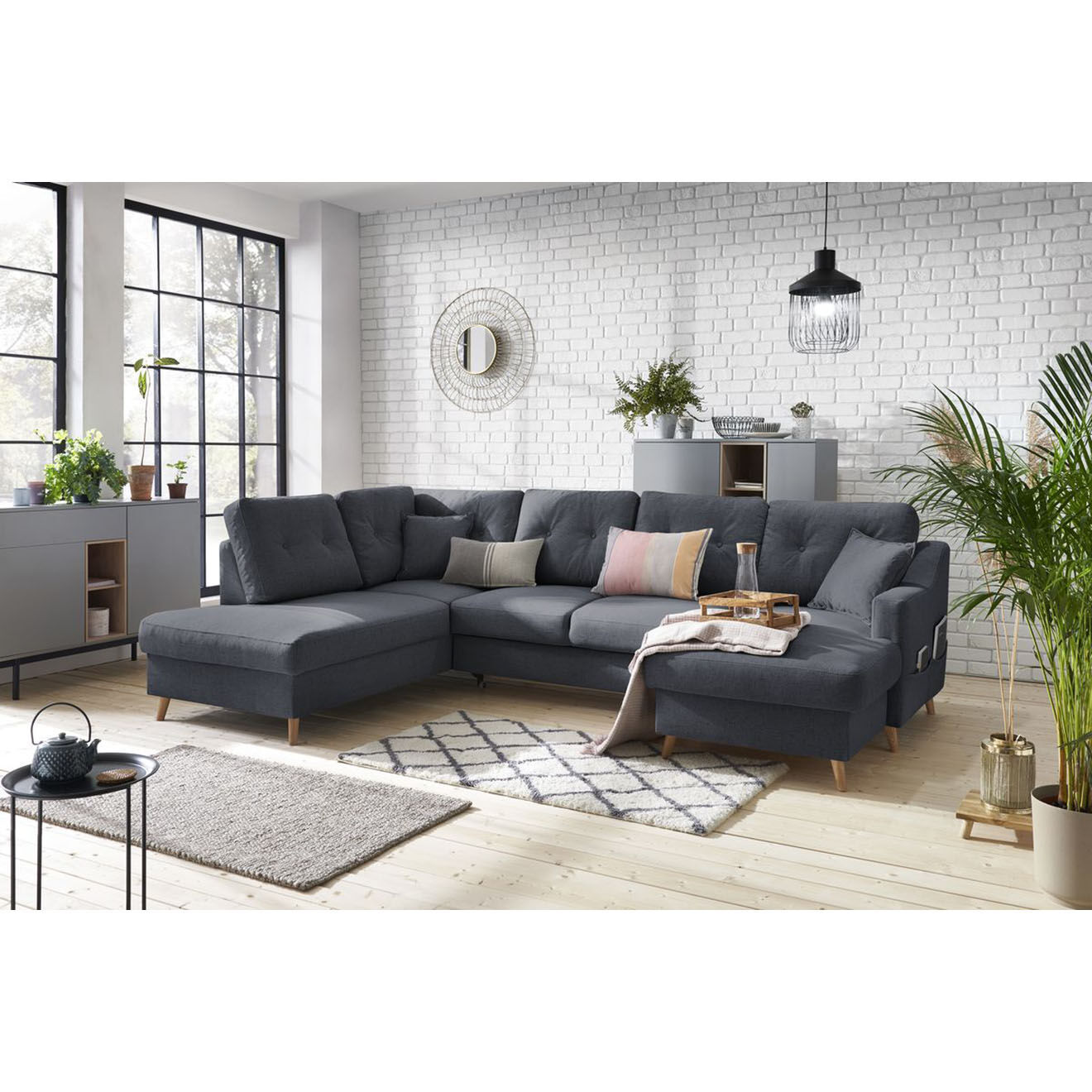 Bobochic Canapé d'angle panoramique convertible droit Sweden bleu foncé - 300x149/90/198x95 cm