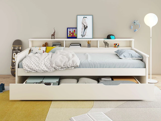 Home affaire Jugendbett »KERO, Daybed, Stauraumbett, platzsparend, Stauraum, 90x200cm« zertifiziertes Massivholz, mit Ablagefächern, Schublade optional